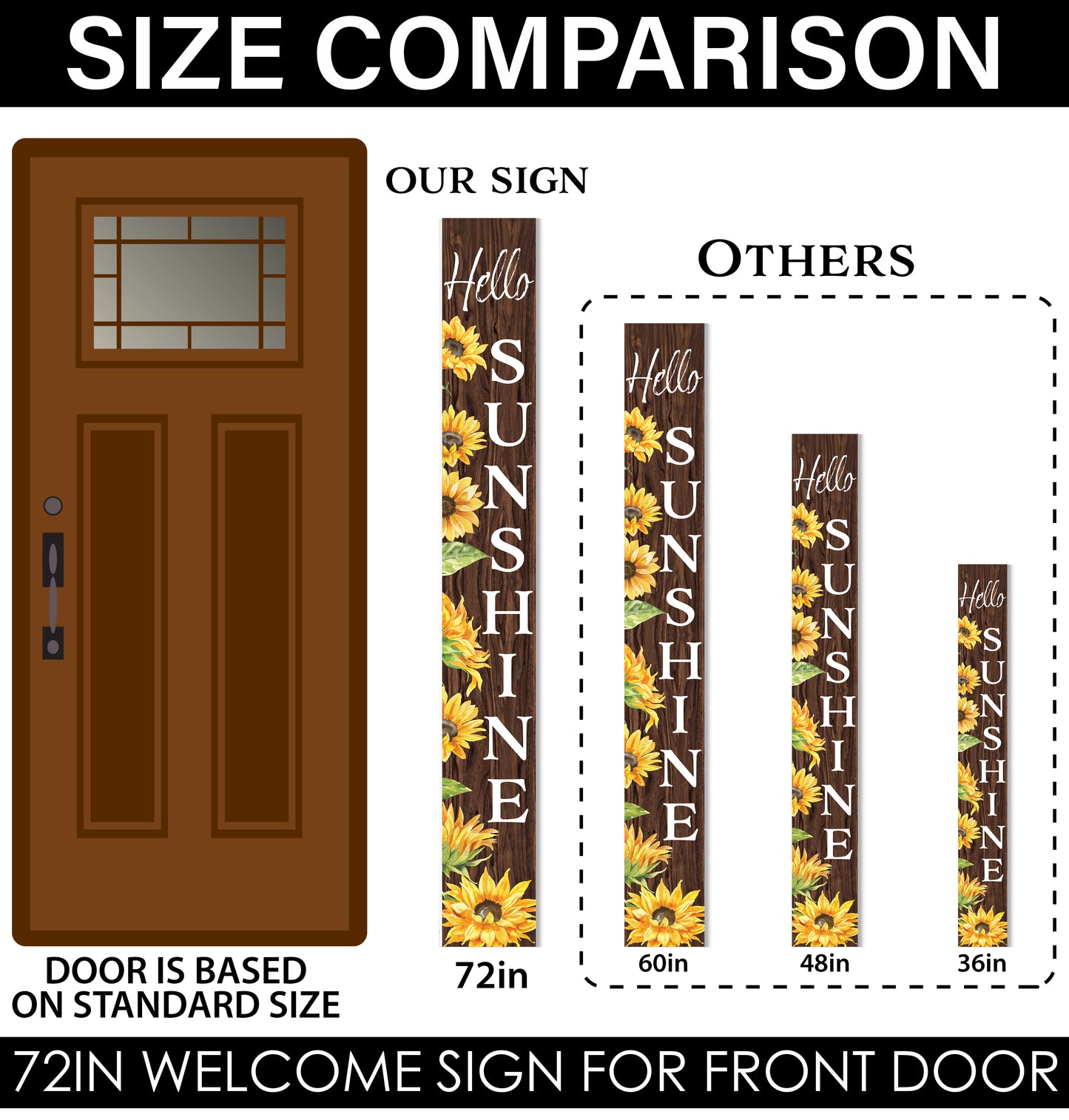 72In Sunflower Hello Sunshine Porch Sign, Charming Brown Welcome Decor For Front Door, Rustic Vertical Garden Art, Seasonal Home Decoration