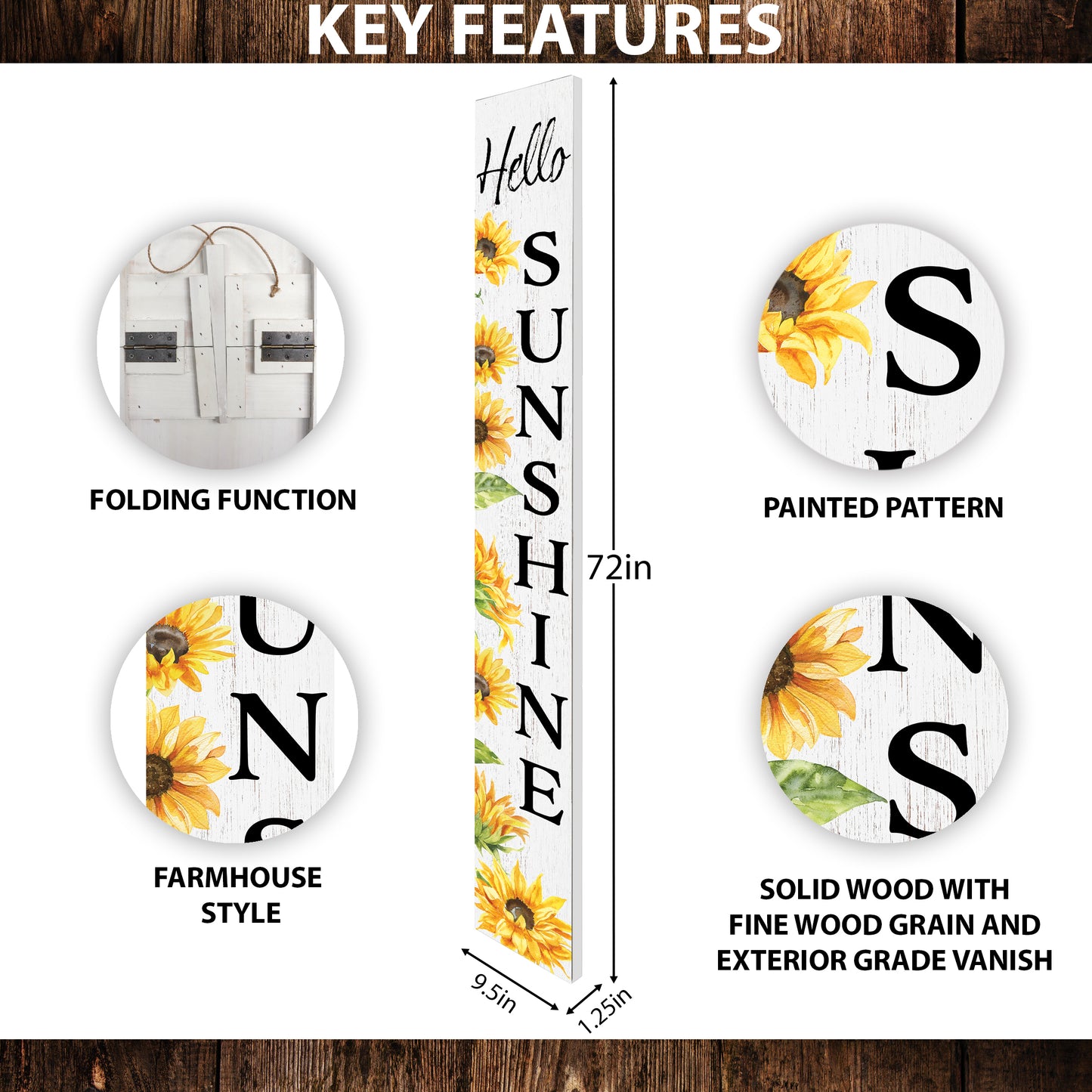 72In Sunflower Hello Sunshine Porch Sign, Charming White Welcome Decor For Front Door, Rustic Vertical Garden Art, Seasonal Home Decoration