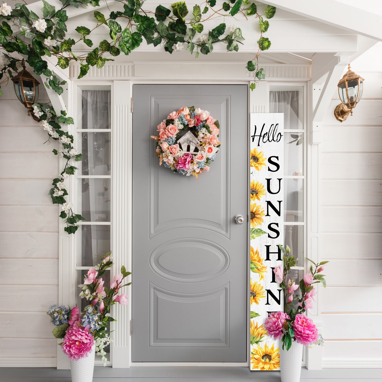 72In Sunflower Hello Sunshine Porch Sign, Charming White Welcome Decor For Front Door, Rustic Vertical Garden Art, Seasonal Home Decoration