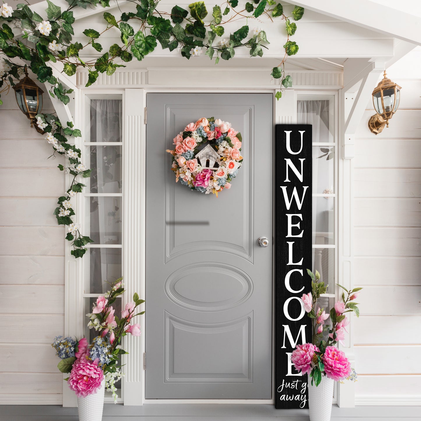 72in "Unwelcome Just Go Away" Black Porch Sign - Tall Decor for Front Door or Porch Standing Decoration