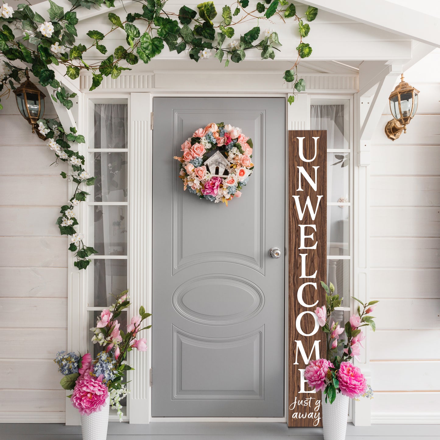 72in "Unwelcome Just Go Away" Brown Porch Sign - Tall Decor for Front Door or Porch Standing Decoration