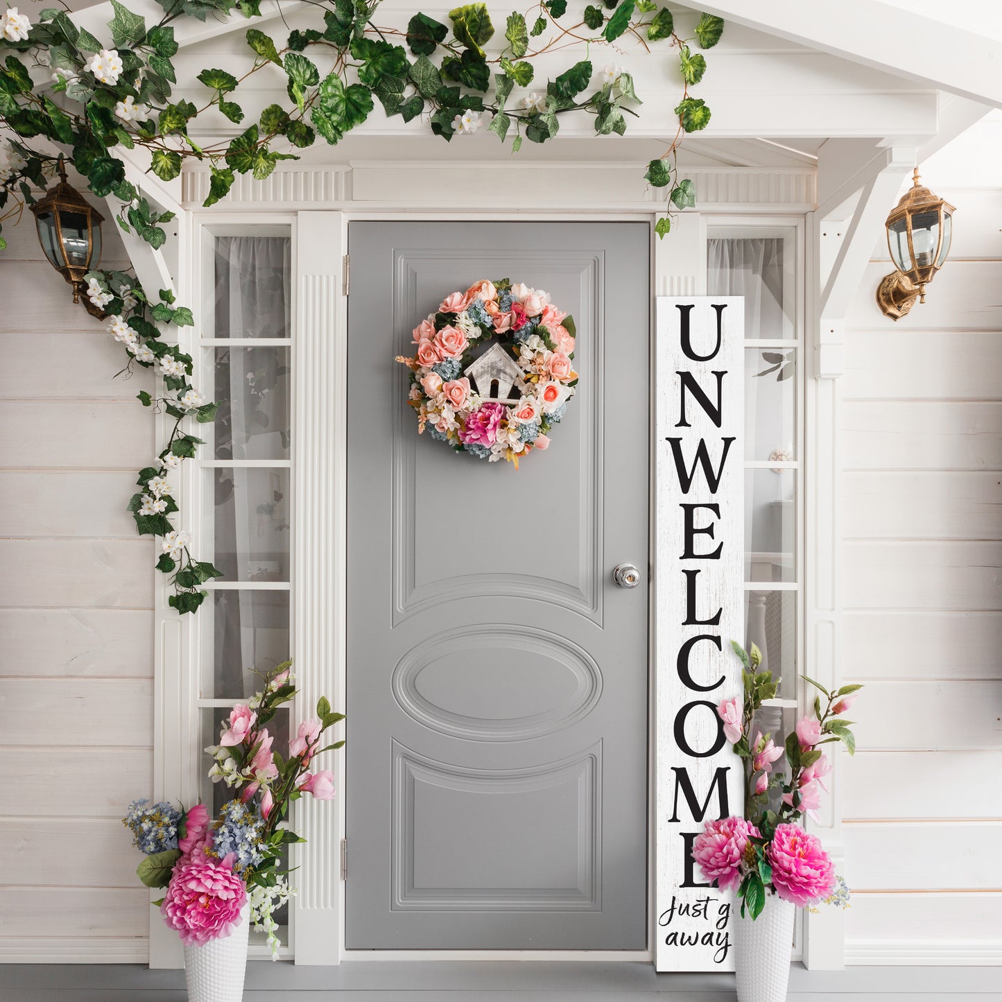 72in "Unwelcome Just Go Away" White Porch Sign - Tall Decor for Front Door or Porch Standing Decoration