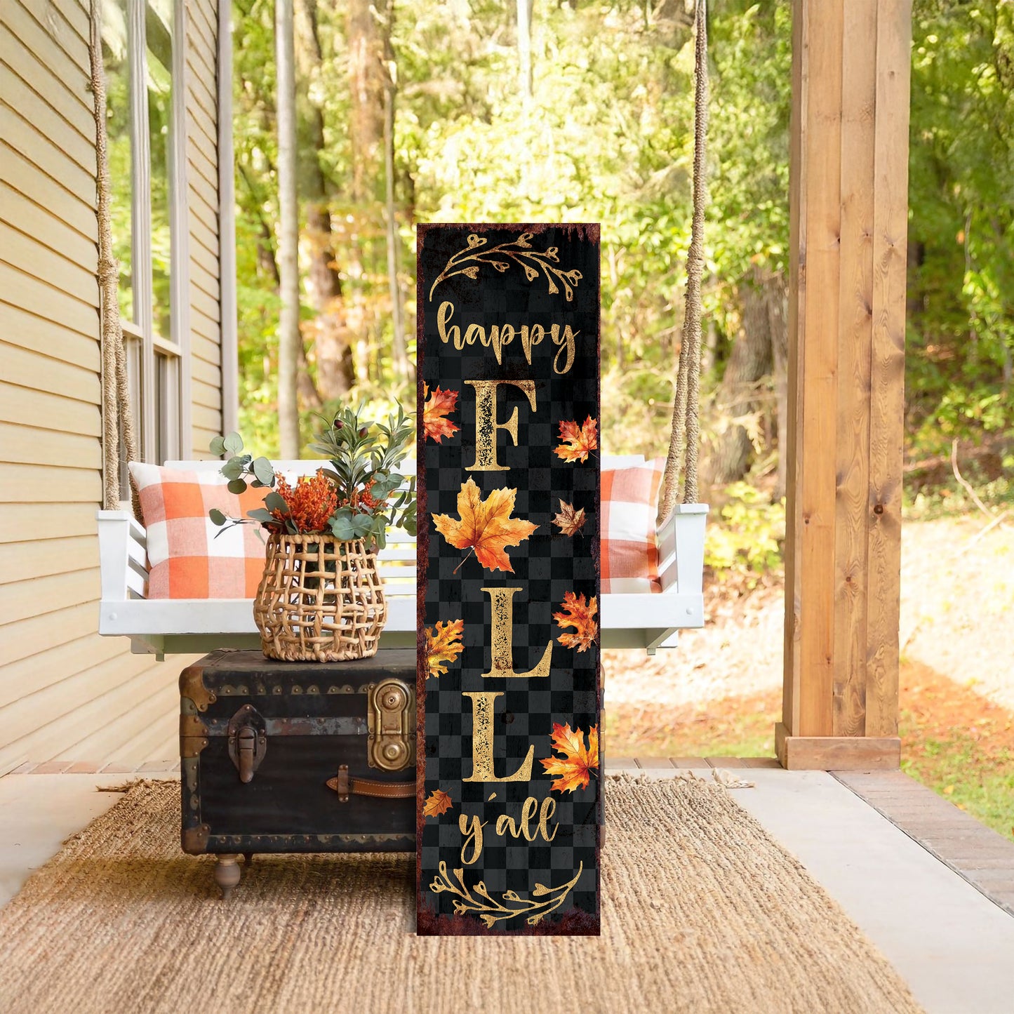 Happy Fall Y’all Porch Sign – Vertical Welcome Board with Buffalo Plaid – Autumn Front Porch & Farmhouse Entryway Decoration