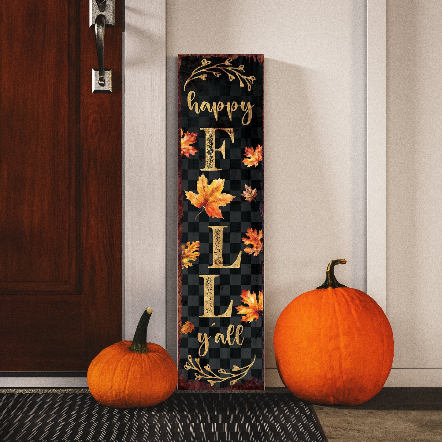 Happy Fall Y’all Porch Sign – Vertical Welcome Board with Buffalo Plaid – Autumn Front Porch & Farmhouse Entryway Decoration