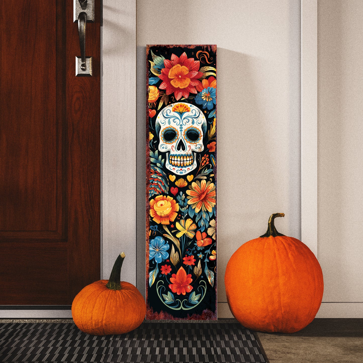 Día De Los Muertos Sugar Skull Porch Sign – Day of the Dead Front Porch Welcome Sign | Colorful Floral Sugar Skull Outdoor & Indoor Decoration