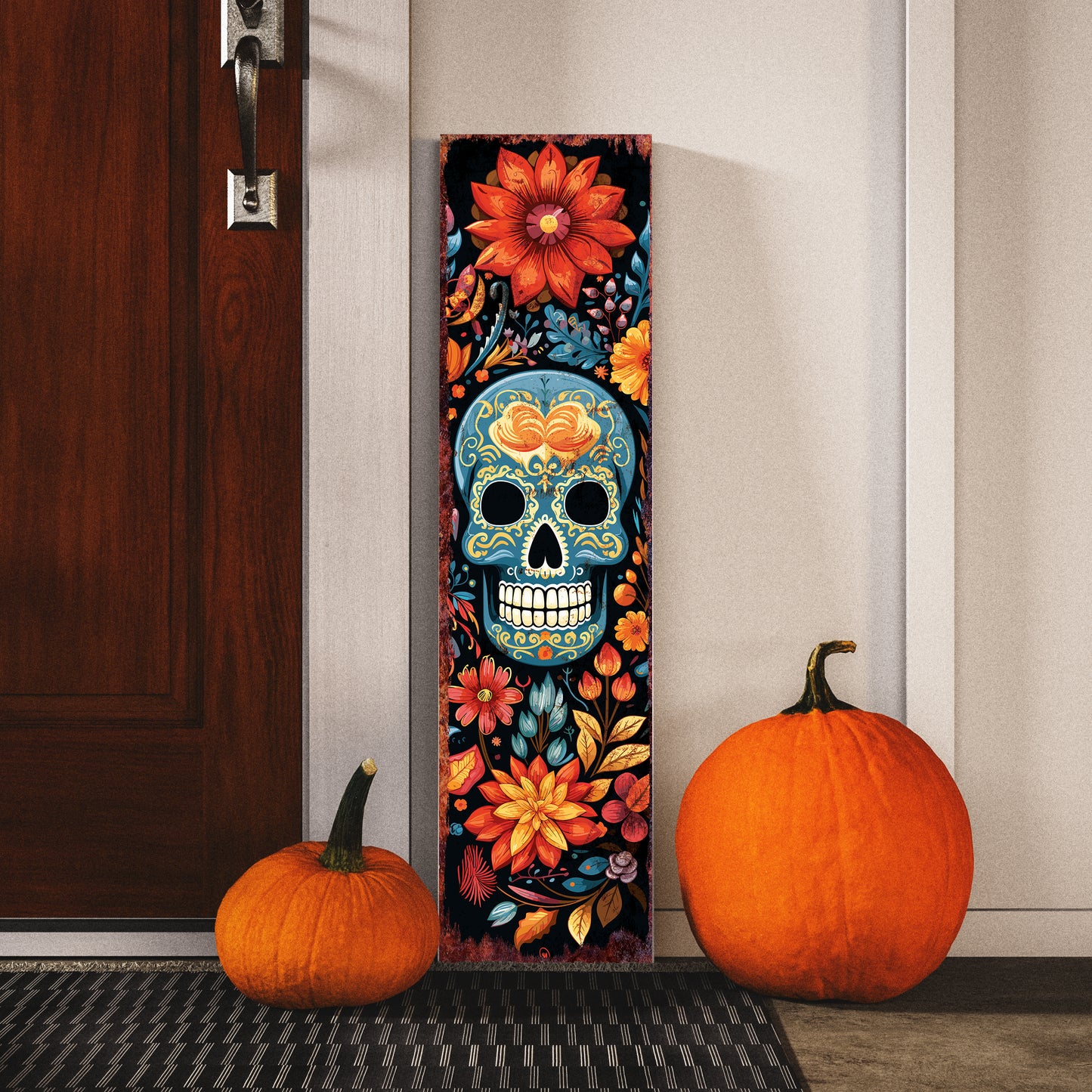 Día De Los Muertos Sugar Skull Porch Sign – Day of the Dead Front Porch Welcome Sign | Colorful Floral Sugar Skull Outdoor & Indoor Decoration
