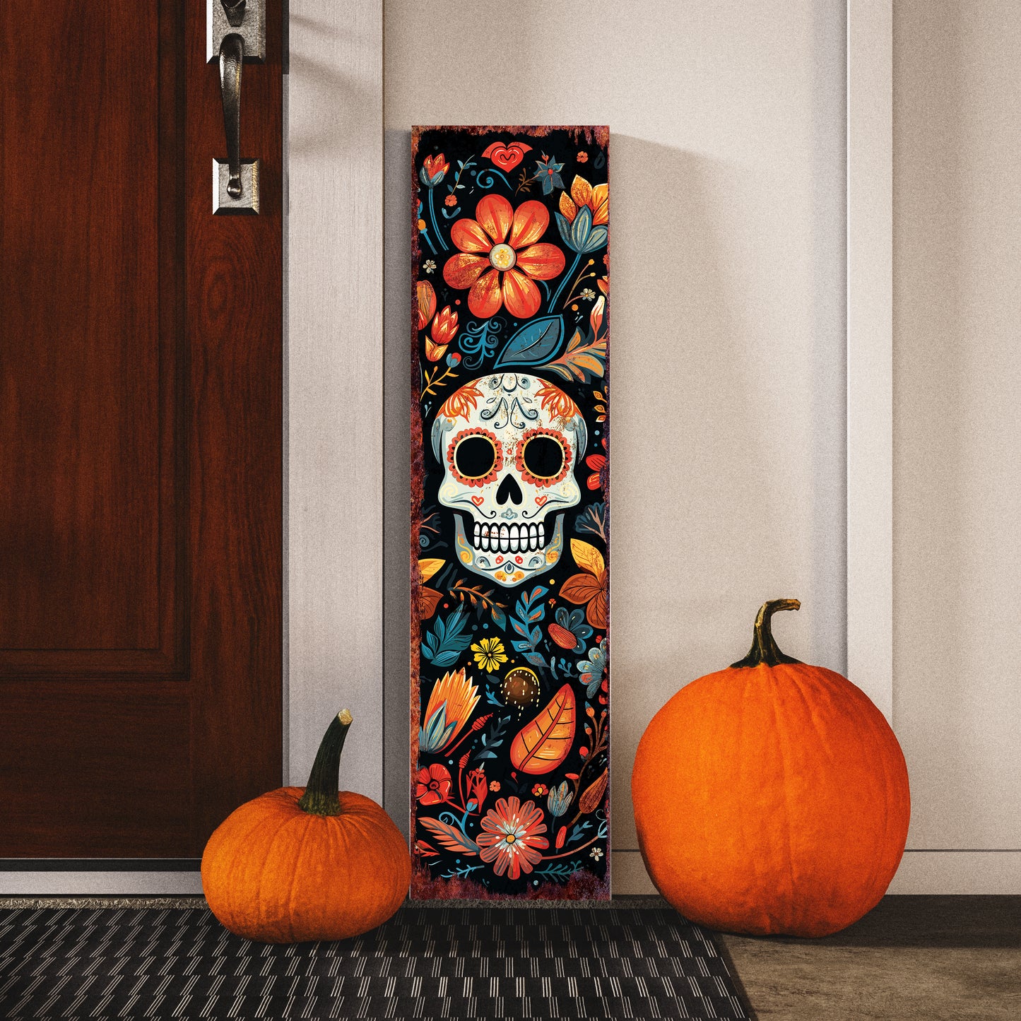 Día De Los Muertos Sugar Skull Porch Sign – Day of the Dead Front Porch Welcome Sign | Colorful Floral Sugar Skull Outdoor & Indoor Decoration