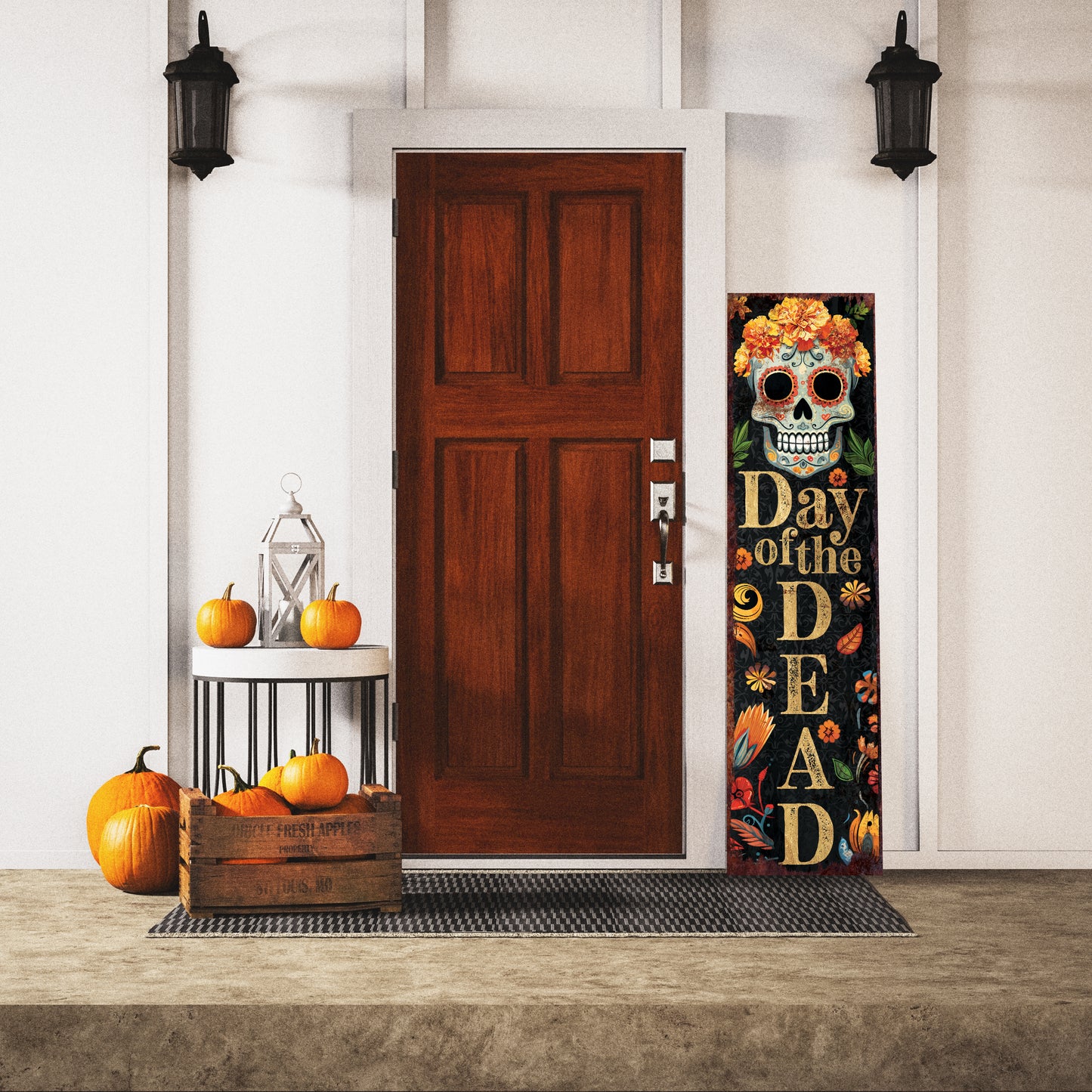 Day of the Dead Sugar Skull Porch Sign - Dia De Los Muertos Front Porch Sign, Rustic Modern Farmhouse Entryway Decor