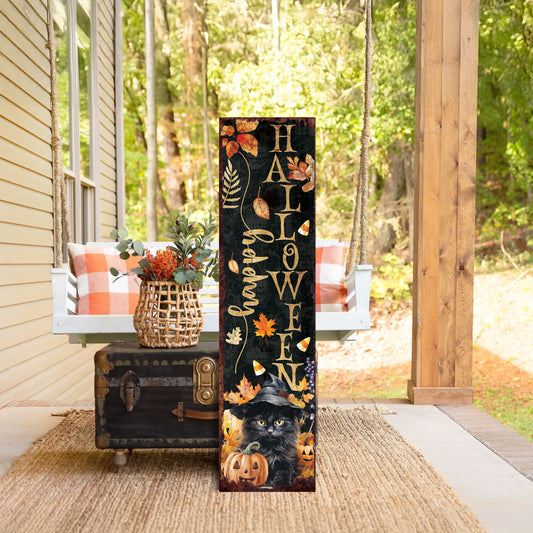 Happy Halloween Porch Sign - Front Porch Halloween Black Cat Welcome Sign, Vintage Halloween Decoration, Modern Farmhouse Decor