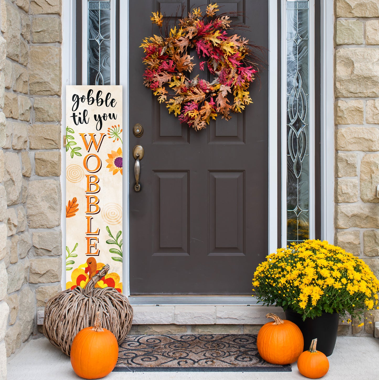 Fall Porch Sign – “Gobble Til You Wobble” Thanksgiving Front Porch Sign with Turkey Design | Rustic Autumn Farmhouse Outdoor & Indoor Decoration