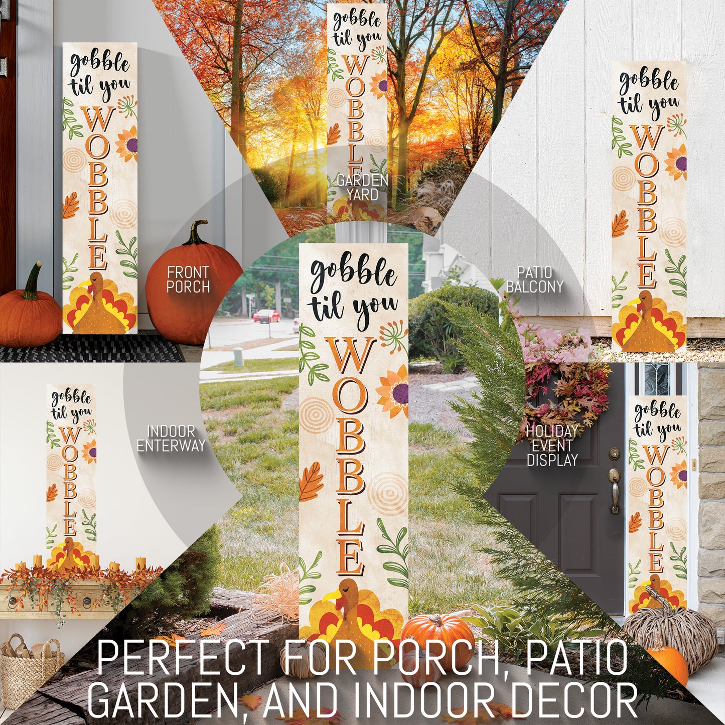 Fall Porch Sign – “Gobble Til You Wobble” Thanksgiving Front Porch Sign with Turkey Design | Rustic Autumn Farmhouse Outdoor & Indoor Decoration