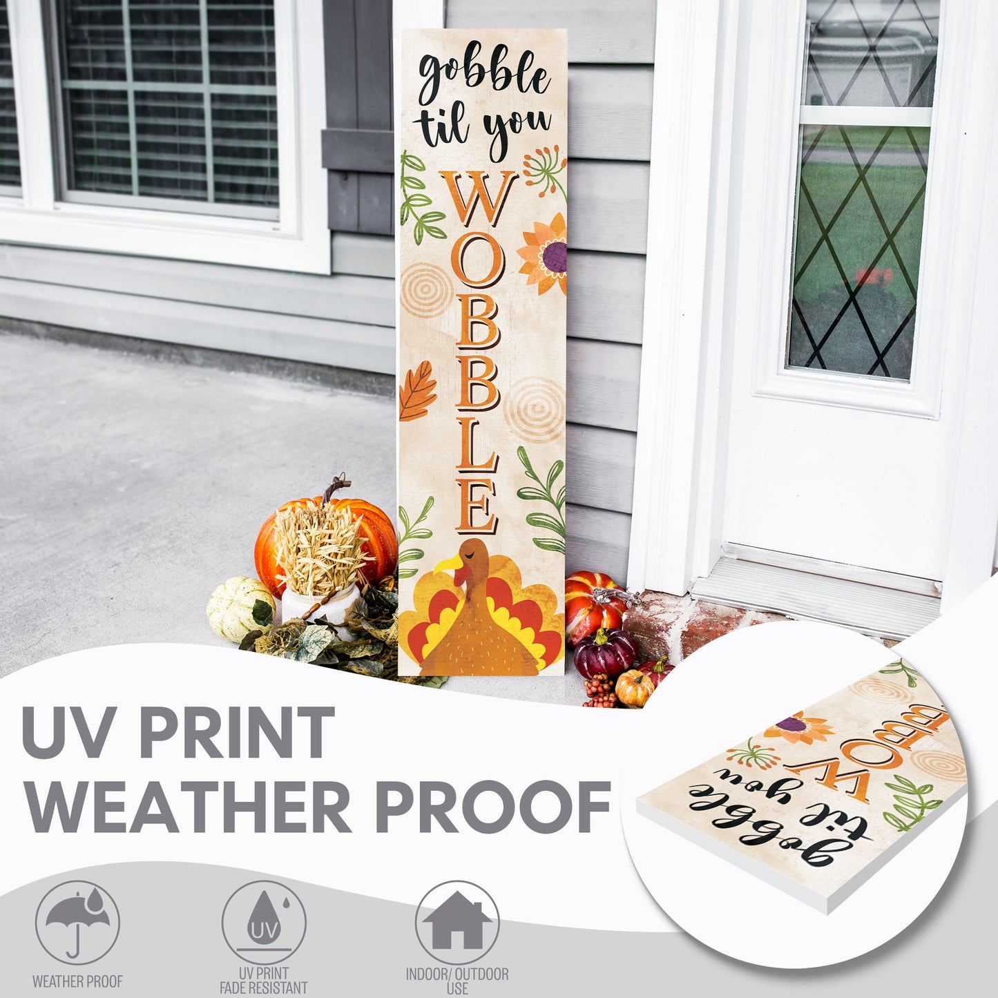 Fall Porch Sign – “Gobble Til You Wobble” Thanksgiving Front Porch Sign with Turkey Design | Rustic Autumn Farmhouse Outdoor & Indoor Decoration