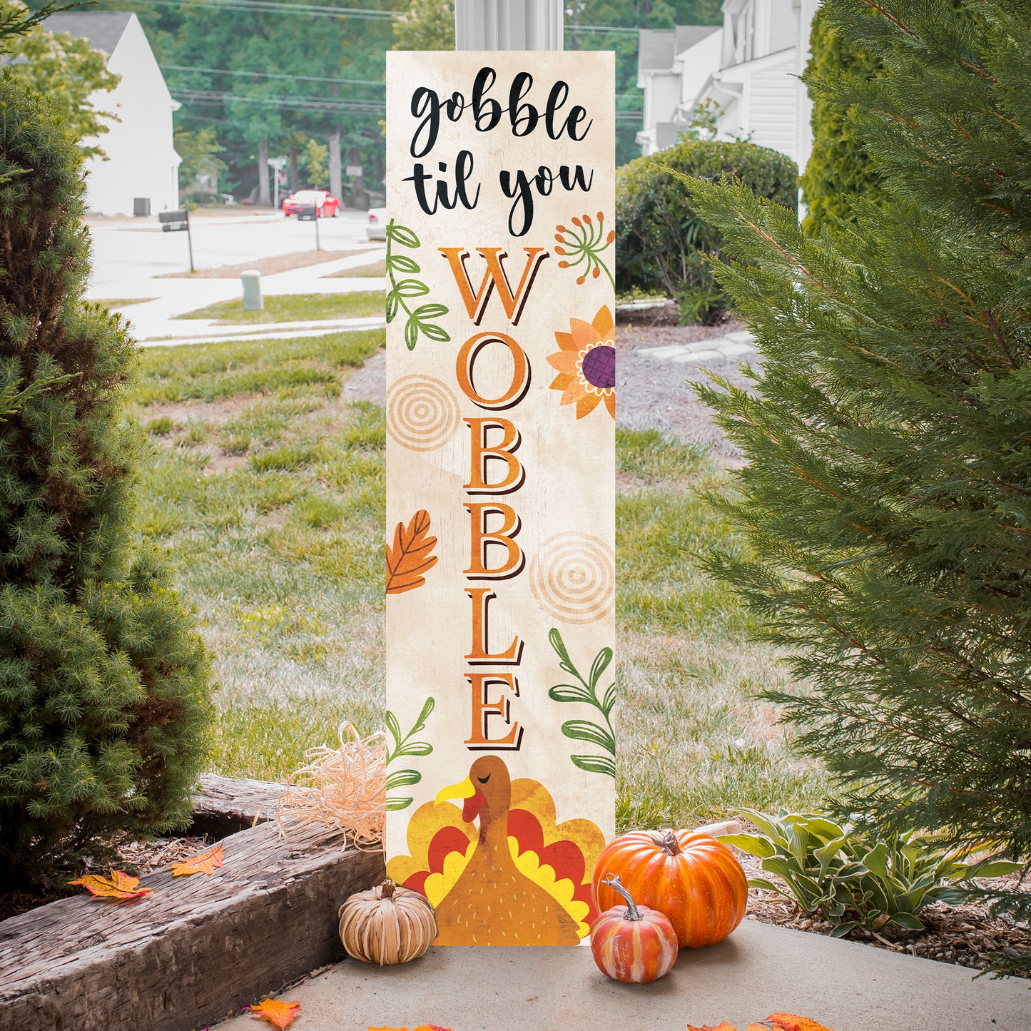 Fall Porch Sign – “Gobble Til You Wobble” Thanksgiving Front Porch Sign with Turkey Design | Rustic Autumn Farmhouse Outdoor & Indoor Decoration