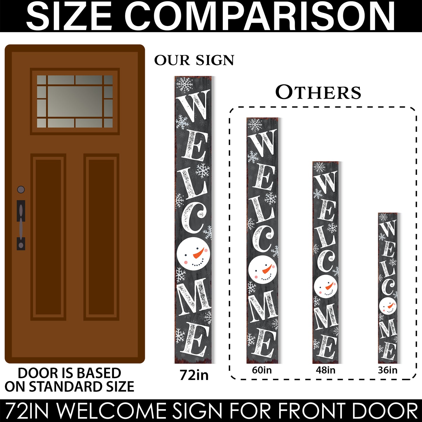 72in Snowman Welcome Sign for Front Door - Gray Vertical Wooden Christmas Porch Decor, Modern Farmhouse Welcome Sign for Front Porch