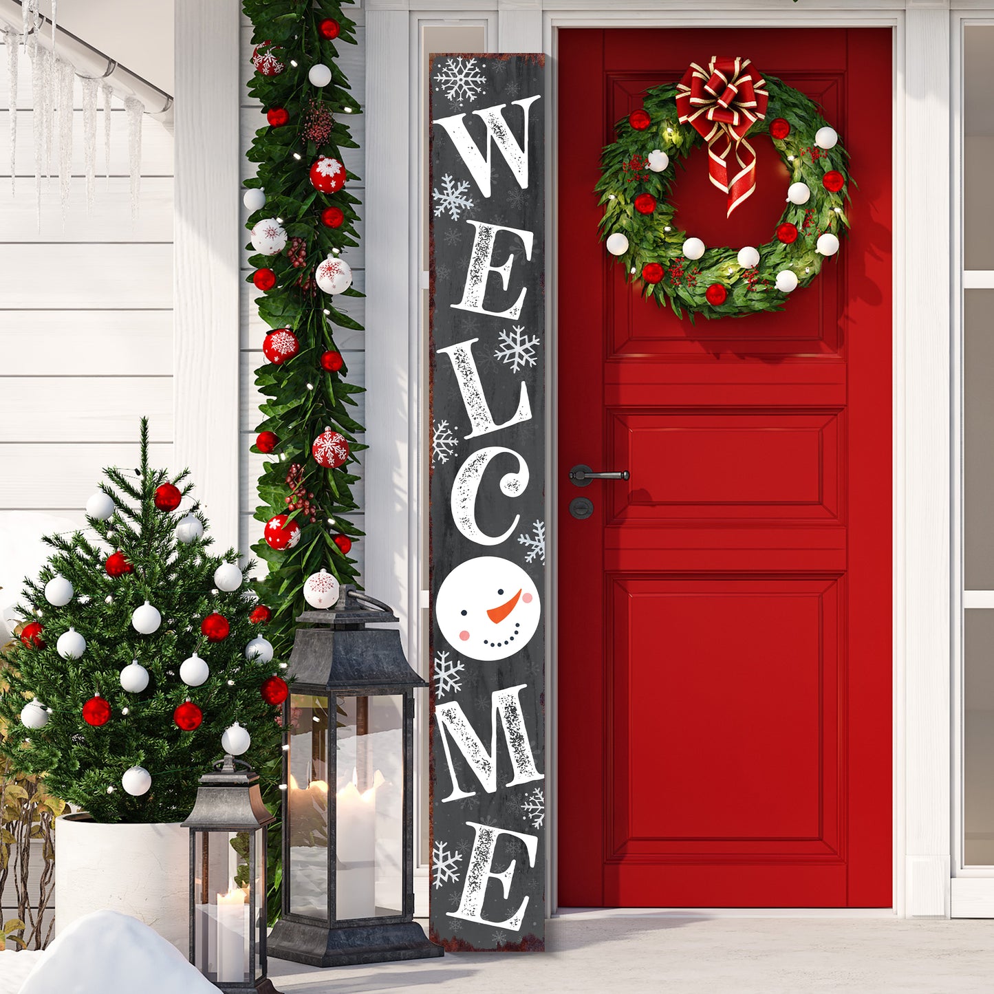 72in Snowman Welcome Sign for Front Door - Gray Vertical Wooden Christmas Porch Decor, Modern Farmhouse Welcome Sign for Front Porch