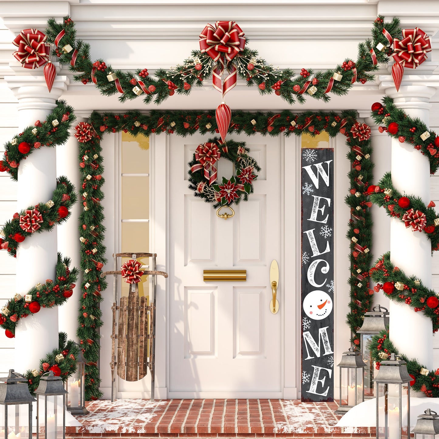 72in Snowman Welcome Sign for Front Door - Gray Vertical Wooden Christmas Porch Decor, Modern Farmhouse Welcome Sign for Front Porch
