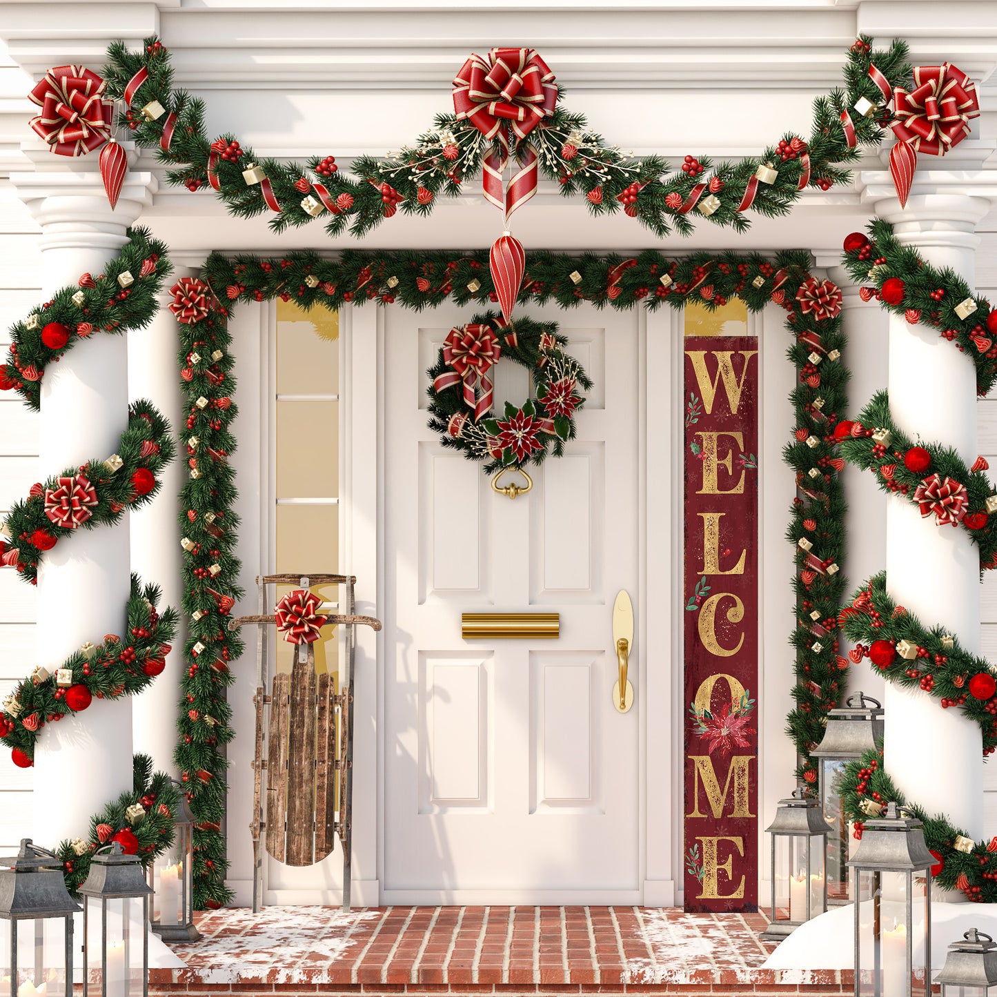 72in Welcome Christmas Porch Sign - Front Porch Christmas Decor Red Welcome Sign, Outdoor Decoration Rustic Modern Farmhouse Entryway Board