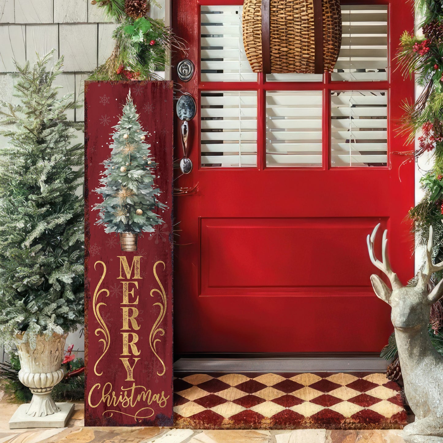36in Merry Christmas Sign for Front Porch - Vintage Christmas Decoration, Red Rustic Modern Farmhouse Entryway Christmas Porch Sign