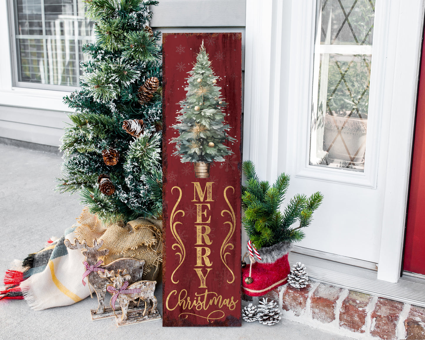 36in Merry Christmas Sign for Front Porch - Vintage Christmas Decoration, Red Rustic Modern Farmhouse Entryway Christmas Porch Sign