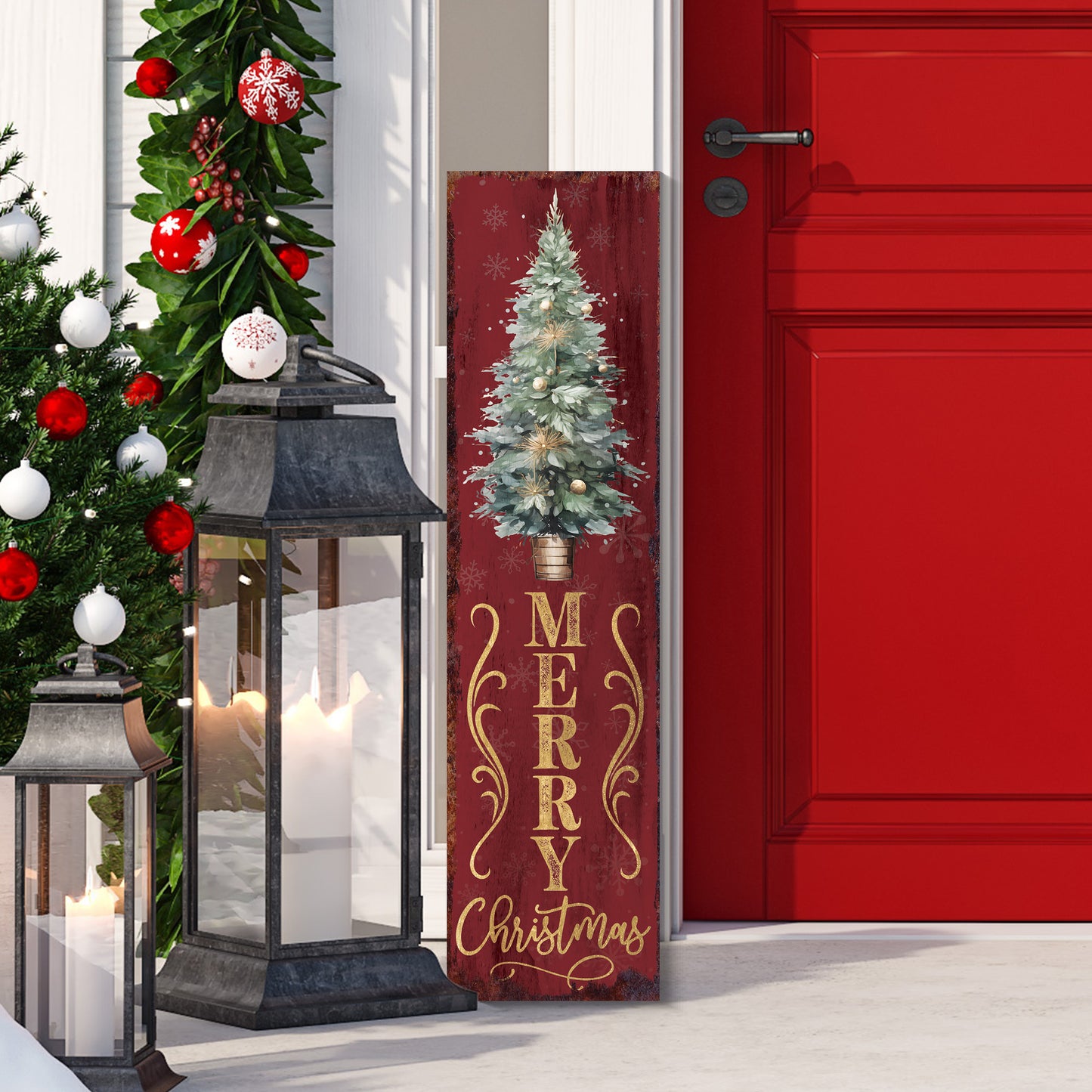 36in Merry Christmas Sign for Front Porch - Vintage Christmas Decoration, Red Rustic Modern Farmhouse Entryway Christmas Porch Sign