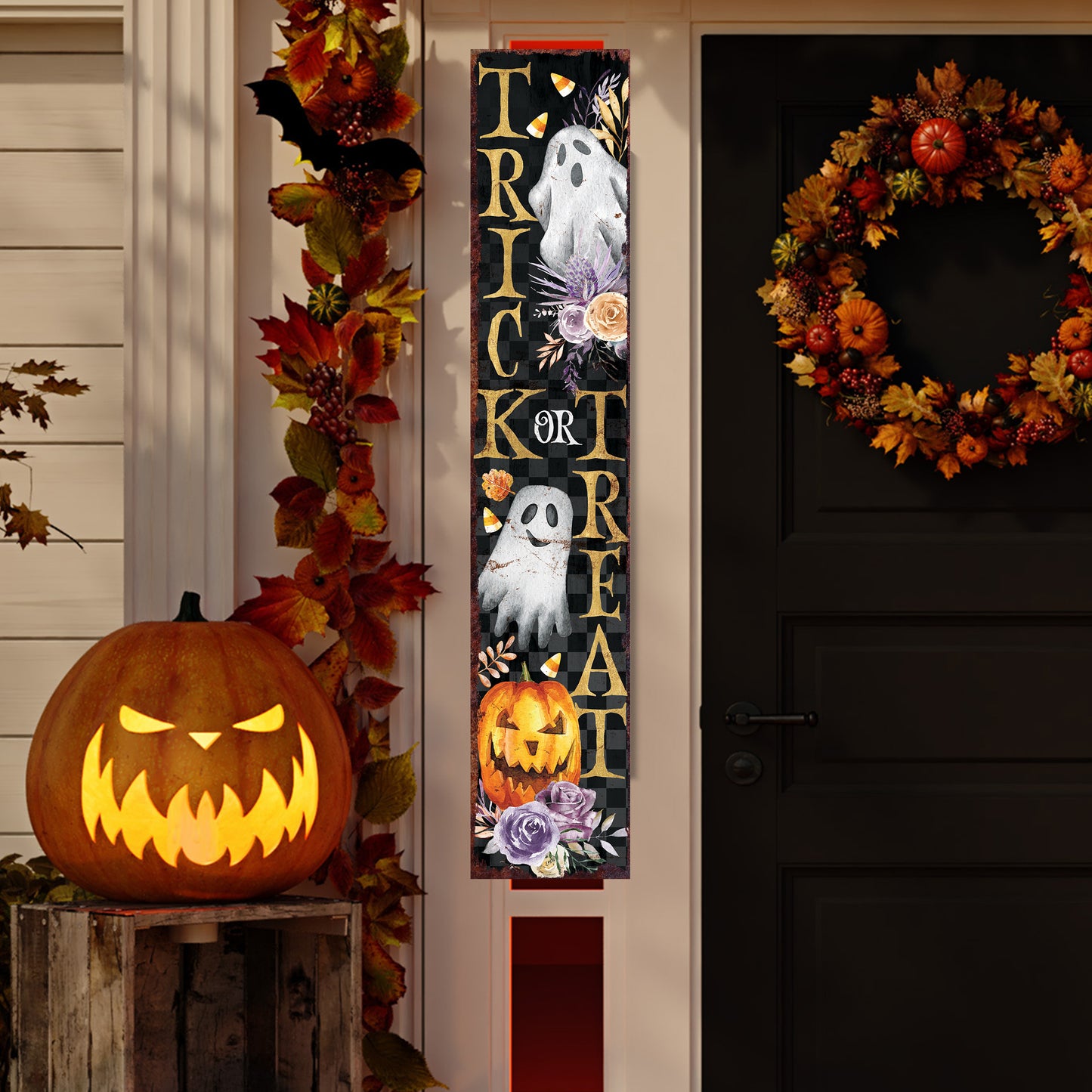 48in Trick or Treat Halloween Porch Sign - Front Porch Halloween Welcome Sign, Vintage Halloween Decoration, Modern Farmhouse Decor