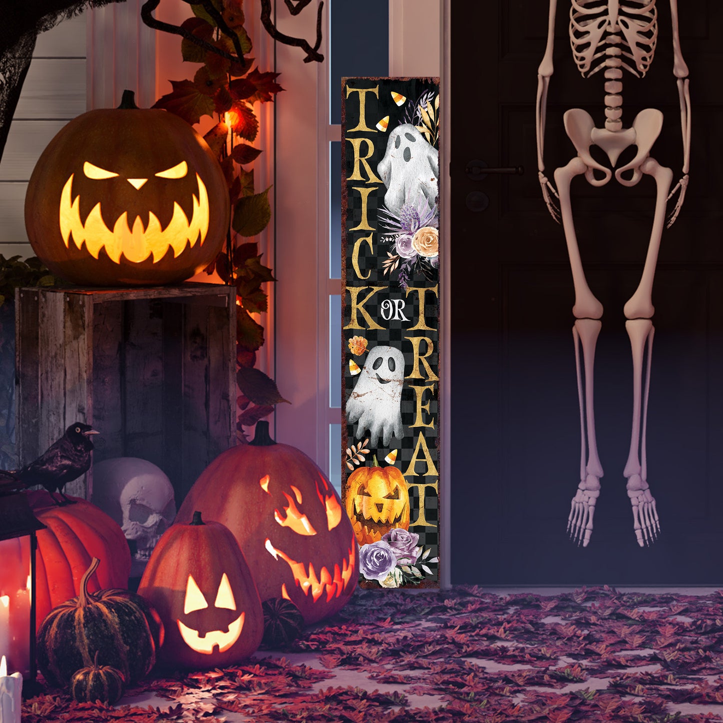 48in Trick or Treat Halloween Porch Sign - Front Porch Halloween Welcome Sign, Vintage Halloween Decoration, Modern Farmhouse Decor