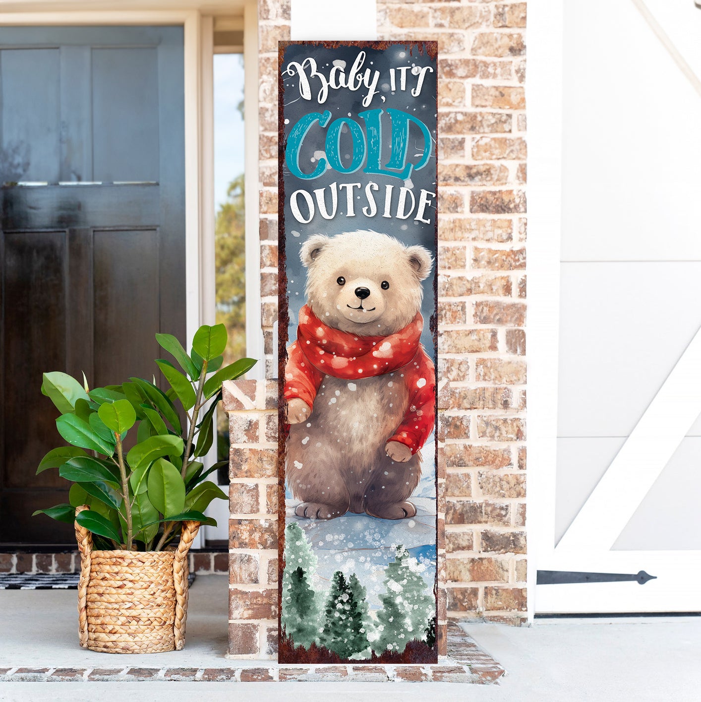Christmas Bear Porch Sign | Rustic Winter Door Decor - "Baby It's Cold Outside"