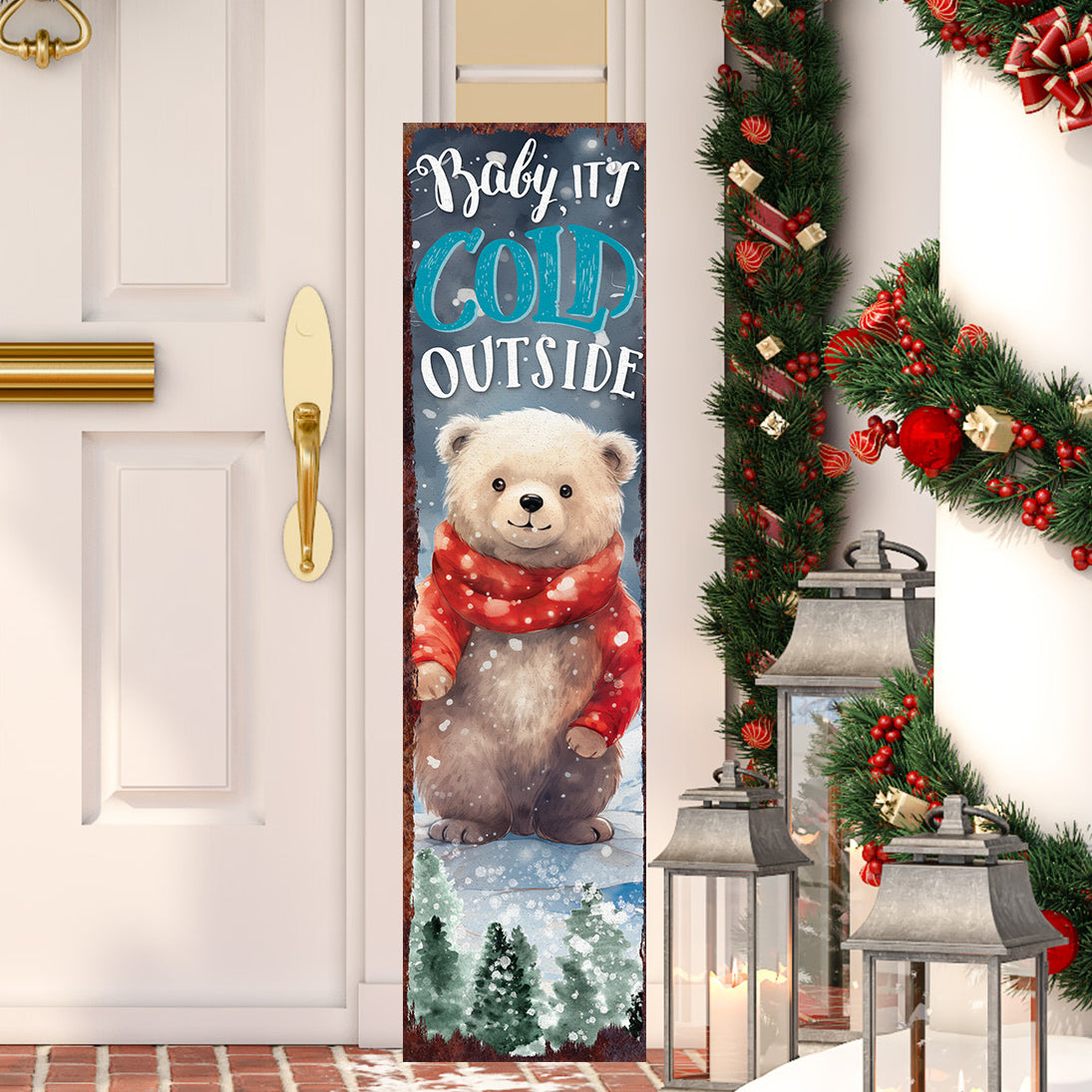 Christmas Bear Porch Sign | Rustic Winter Door Decor - "Baby It's Cold Outside"