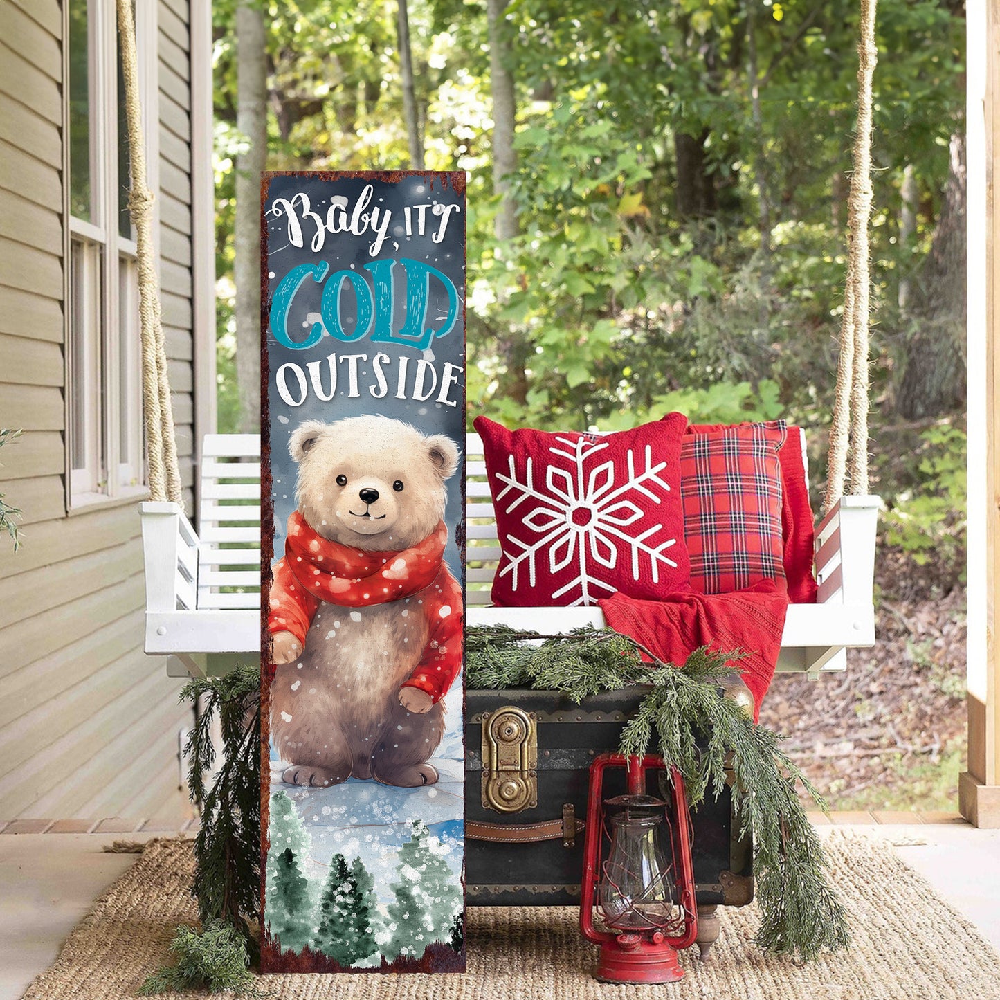 Christmas Bear Porch Sign | Rustic Winter Door Decor - "Baby It's Cold Outside"