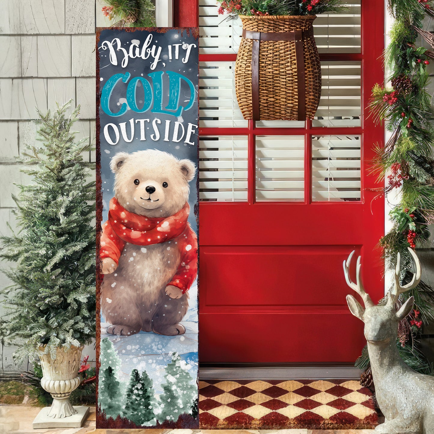 Christmas Bear Porch Sign | Rustic Winter Door Decor - "Baby It's Cold Outside"