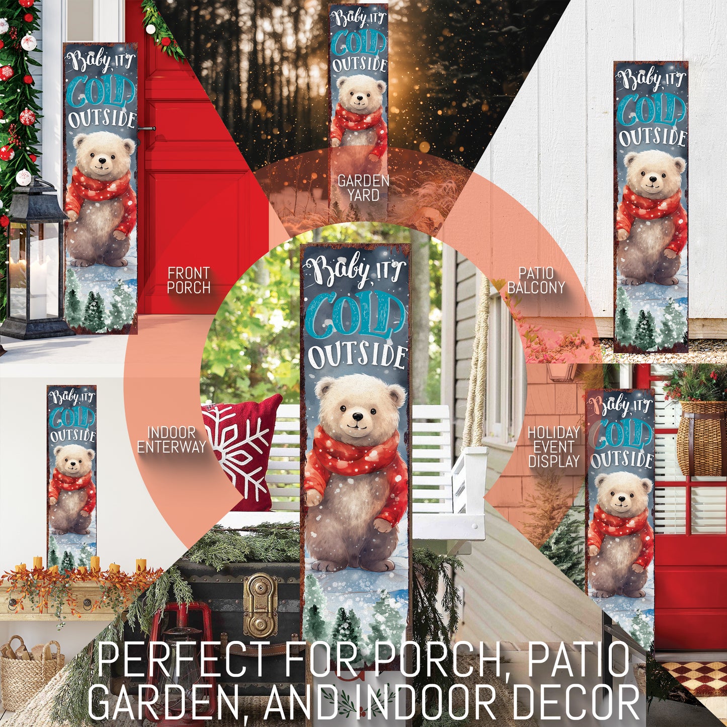 Christmas Bear Porch Sign | Rustic Winter Door Decor - "Baby It's Cold Outside"
