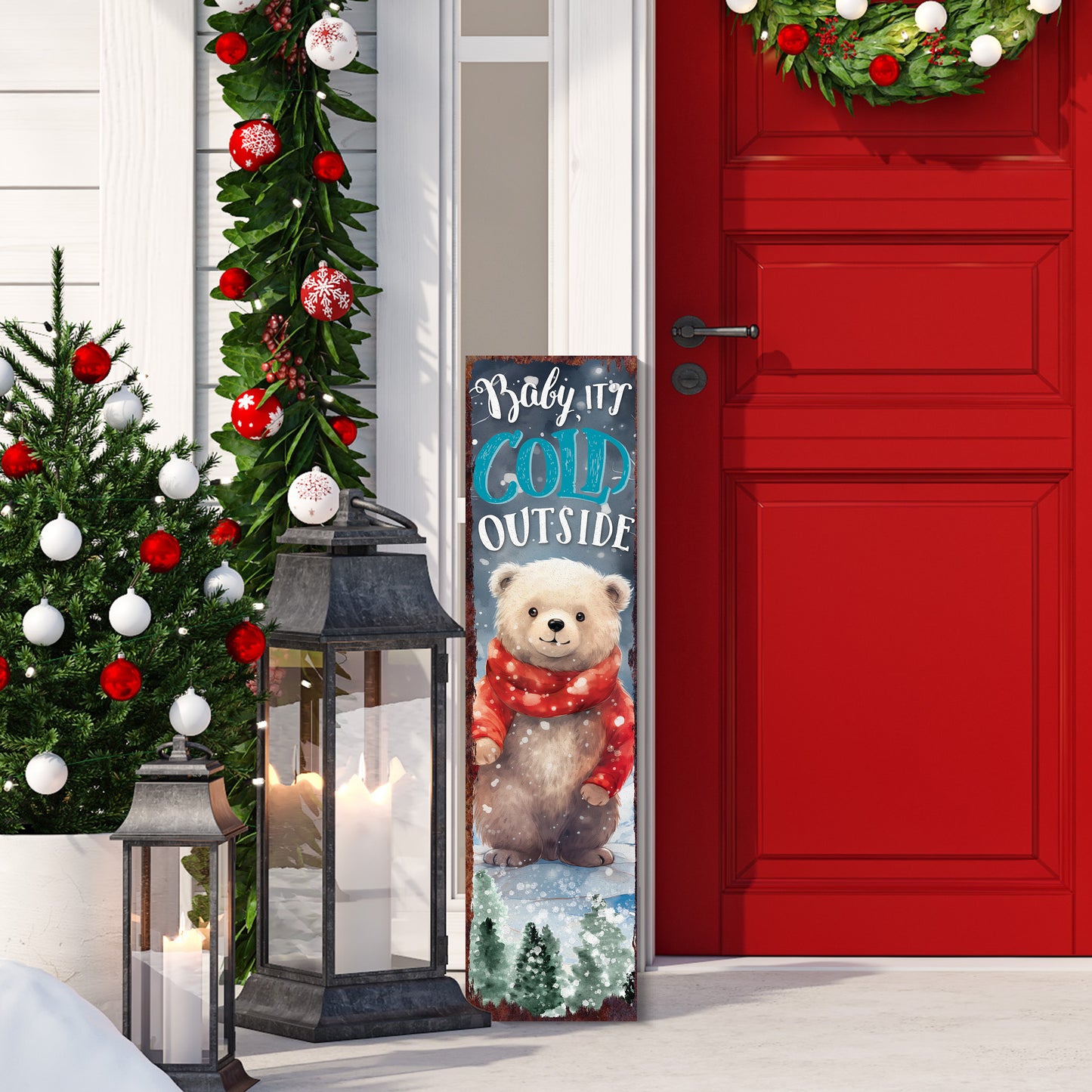 Christmas Bear Porch Sign | Rustic Winter Door Decor - "Baby It's Cold Outside"