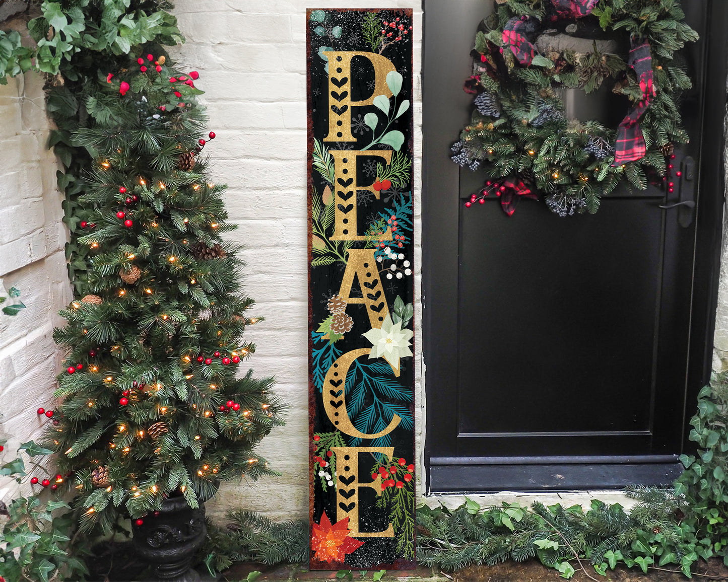 48in Peace Porch Sign - Front Porch Christmas Welcome Sign, Rustic Modern Farmhouse Entryway Board