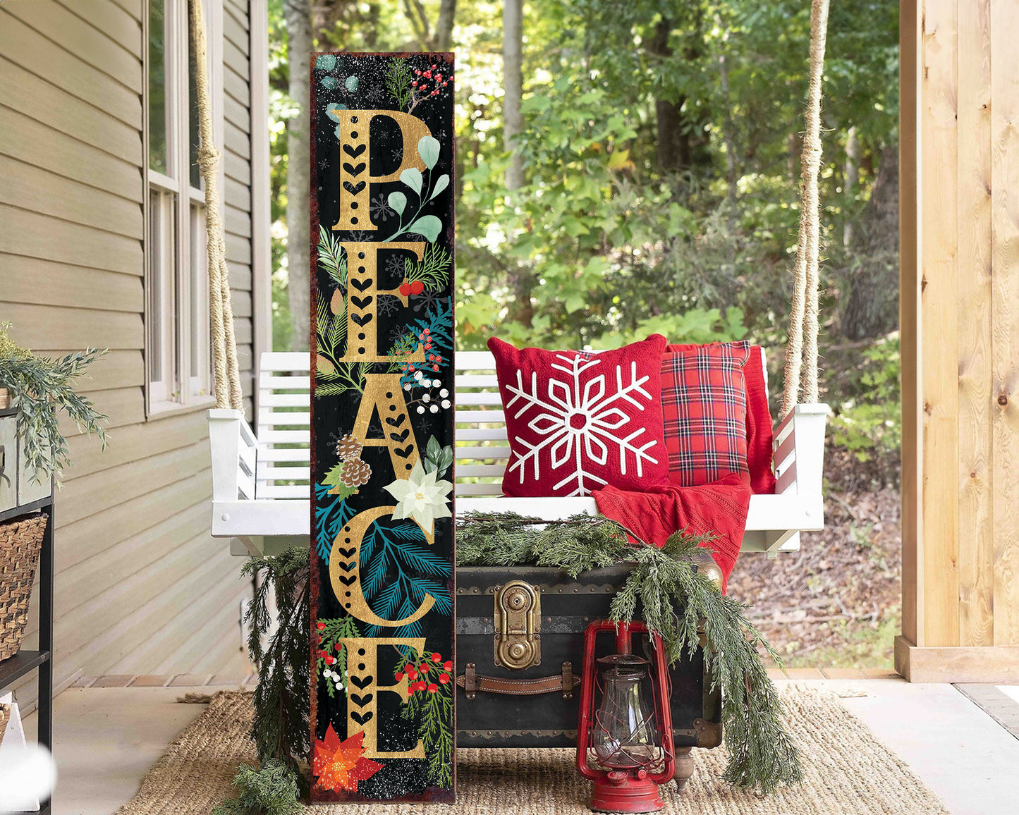 48in Peace Porch Sign - Front Porch Christmas Welcome Sign, Rustic Modern Farmhouse Entryway Board