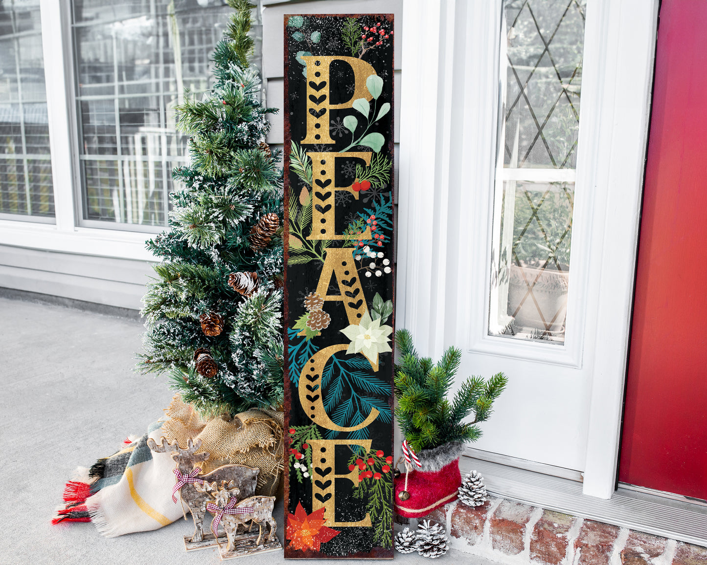 48in Peace Porch Sign - Front Porch Christmas Welcome Sign, Rustic Modern Farmhouse Entryway Board