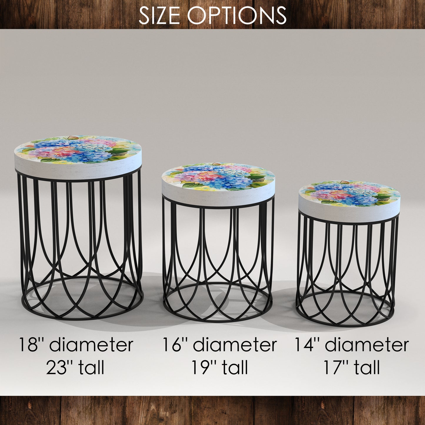 Spring Watercolor Hydrangea Accent Table | Round End Table for Indoor | UV Print Side Table | Wood & Metal | Spring Botanicals | 3 Sizes