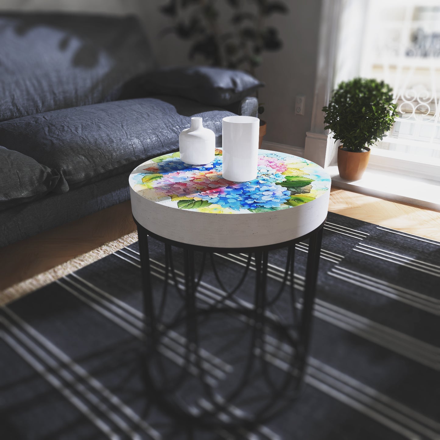 Spring Watercolor Hydrangea Accent Table | Round End Table for Indoor | UV Print Side Table | Wood & Metal | Spring Botanicals | 3 Sizes