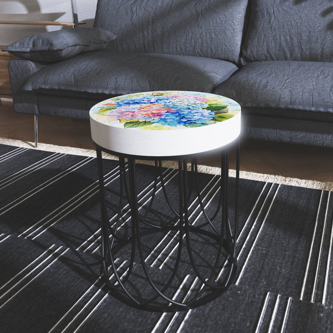 Spring Watercolor Hydrangea Accent Table | Round End Table for Indoor | UV Print Side Table | Wood & Metal | Spring Botanicals | 3 Sizes