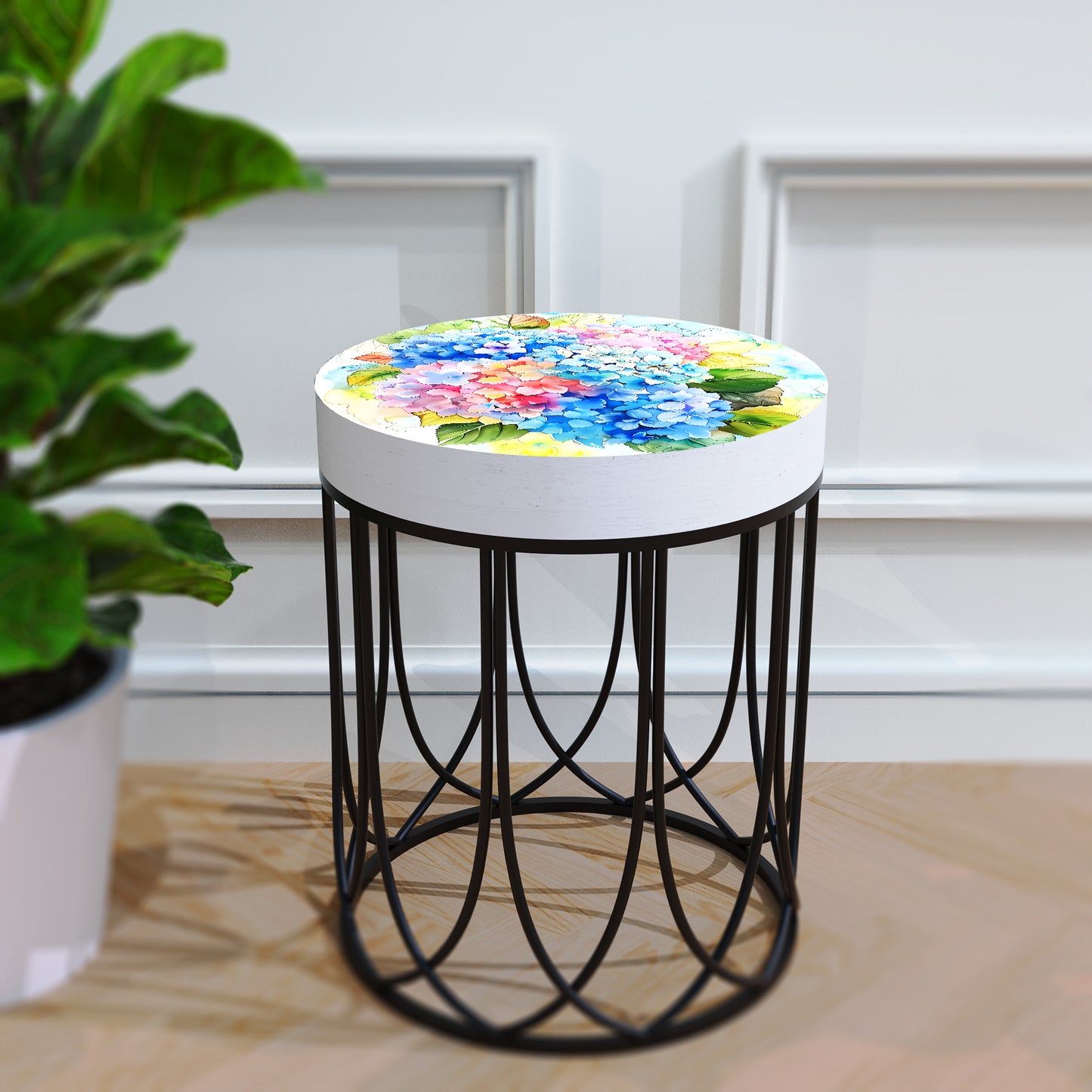 Spring Watercolor Hydrangea Accent Table | Round End Table for Indoor | UV Print Side Table | Wood & Metal | Spring Botanicals | 3 Sizes
