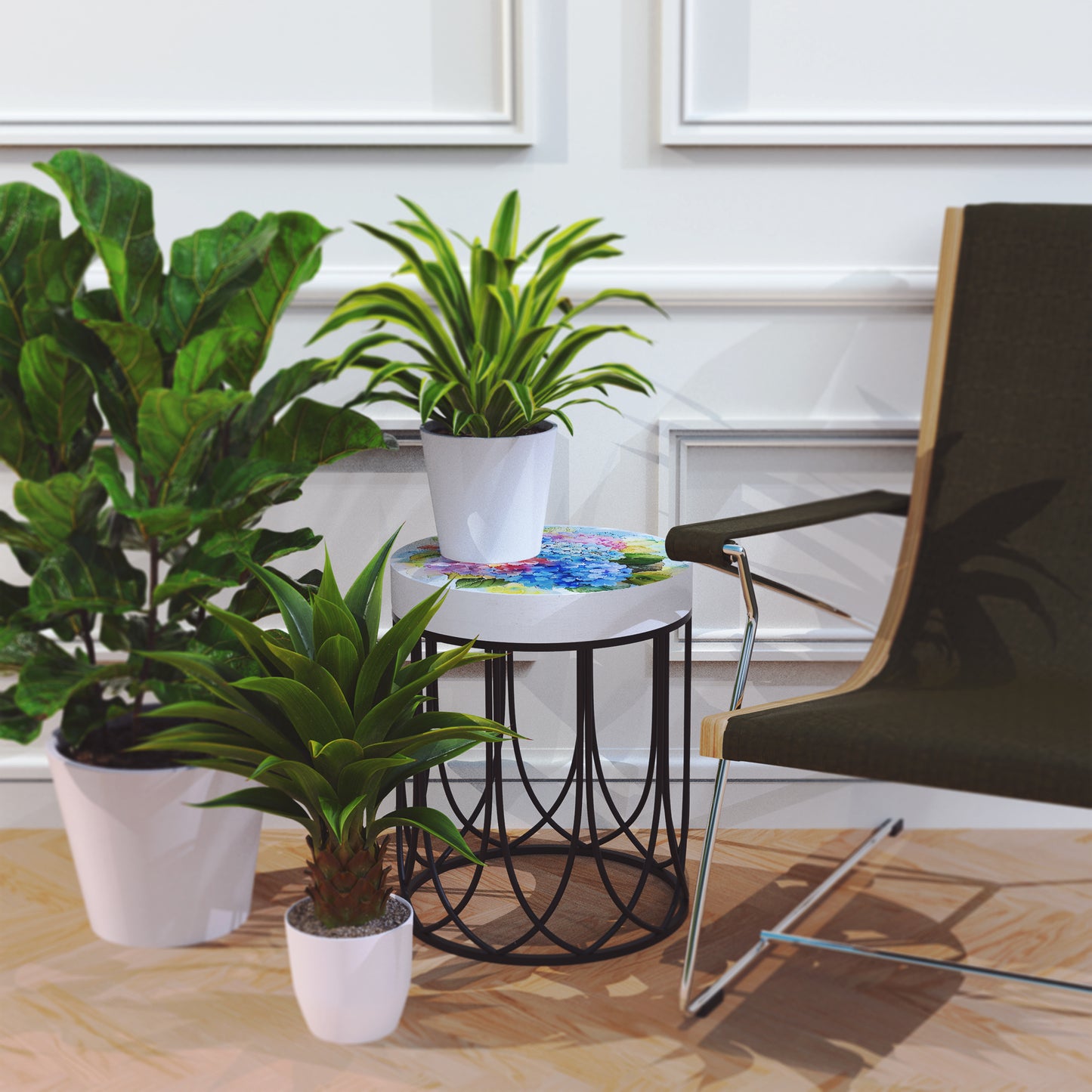 Spring Watercolor Hydrangea Accent Table | Round End Table for Indoor | UV Print Side Table | Wood & Metal | Spring Botanicals | 3 Sizes
