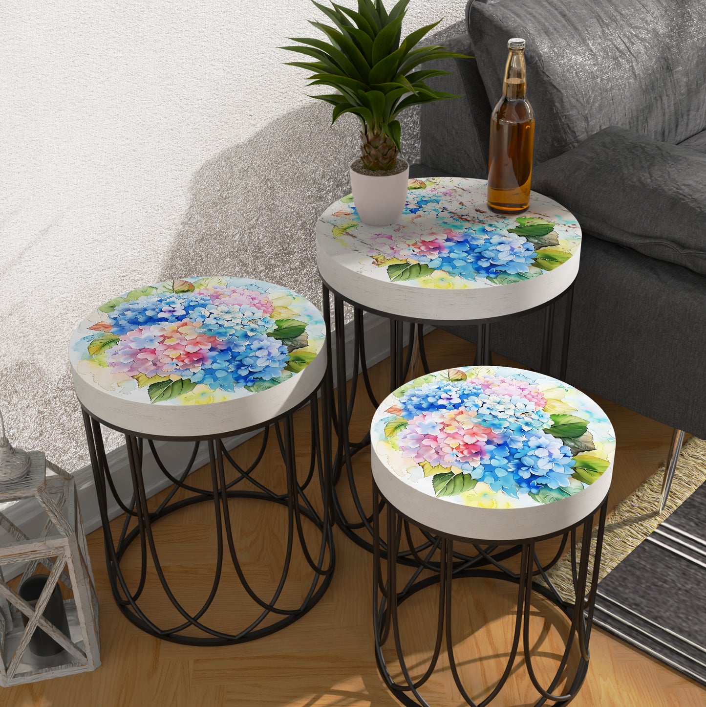 Spring Watercolor Hydrangea Accent Table | Round End Table for Indoor | UV Print Side Table | Wood & Metal | Spring Botanicals | 3 Sizes