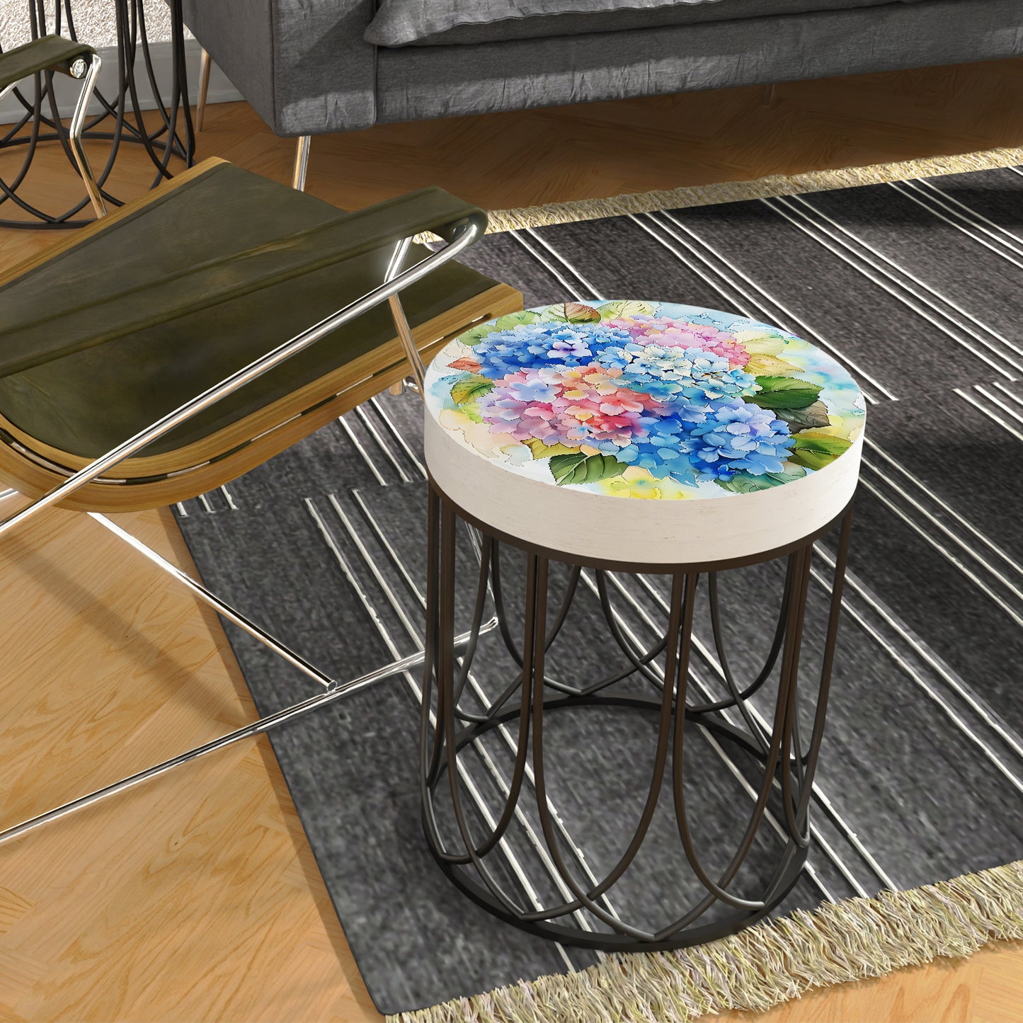 Spring Watercolor Hydrangea Accent Table | Round End Table for Indoor | UV Print Side Table | Wood & Metal | Spring Botanicals | 3 Sizes