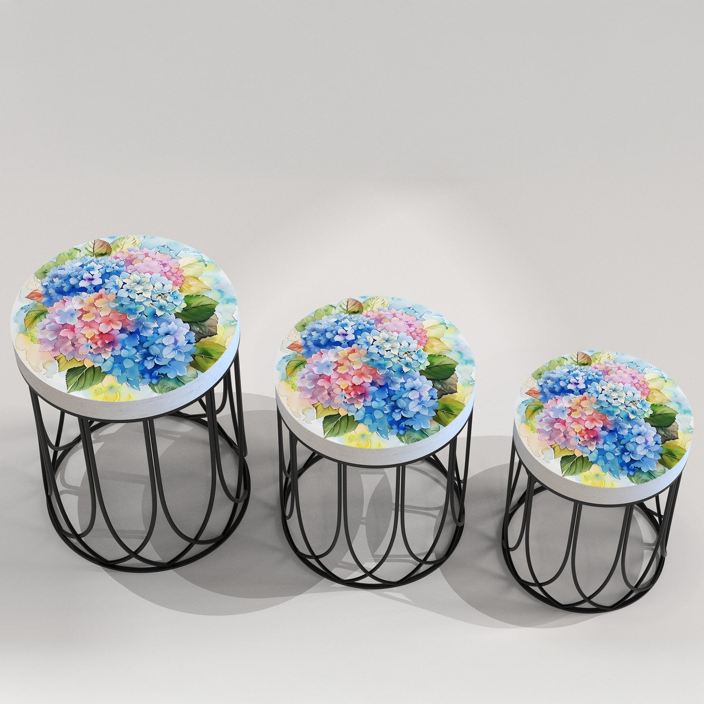Spring Watercolor Hydrangea Accent Table | Round End Table for Indoor | UV Print Side Table | Wood & Metal | Spring Botanicals | 3 Sizes