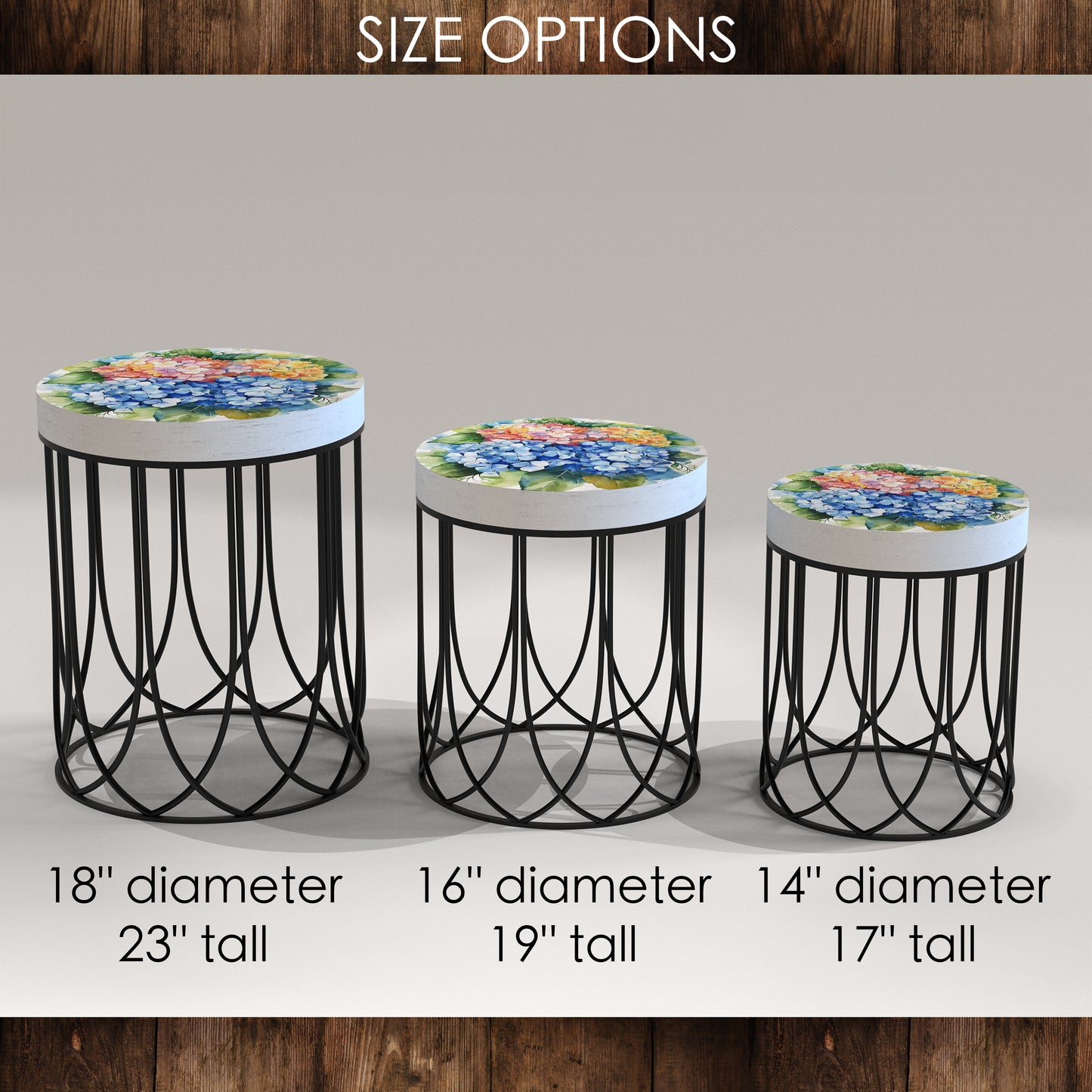 Spring Watercolor Hydrangea Accent Table | Round End Table for Indoor | UV Print Side Table | Wood & Metal | Spring Botanicals | 3 Sizes