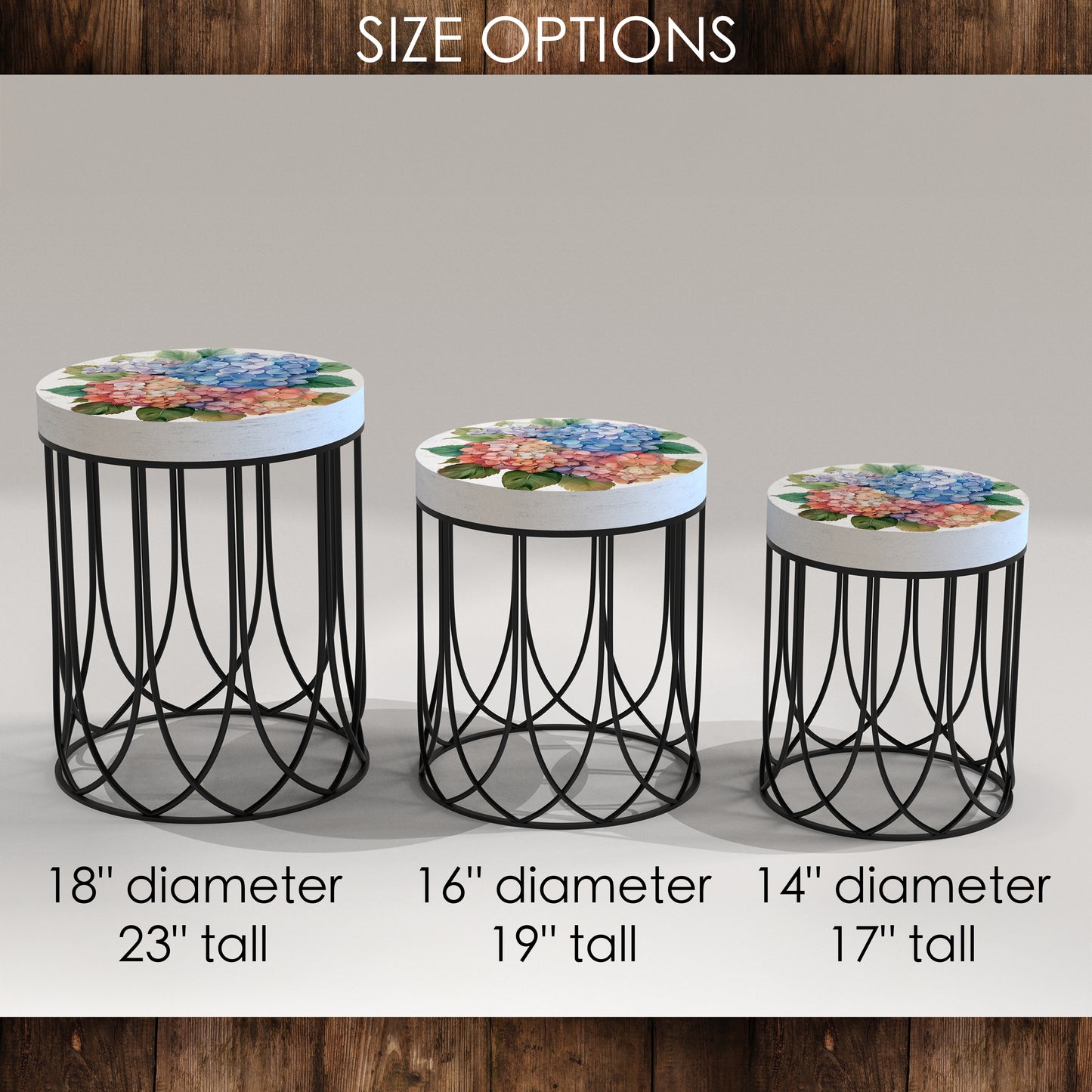 Spring Watercolor Hydrangea Accent Table | Round End Table for Indoor | UV Print Side Table | Wood & Metal | Spring Botanicals | 3 Sizes