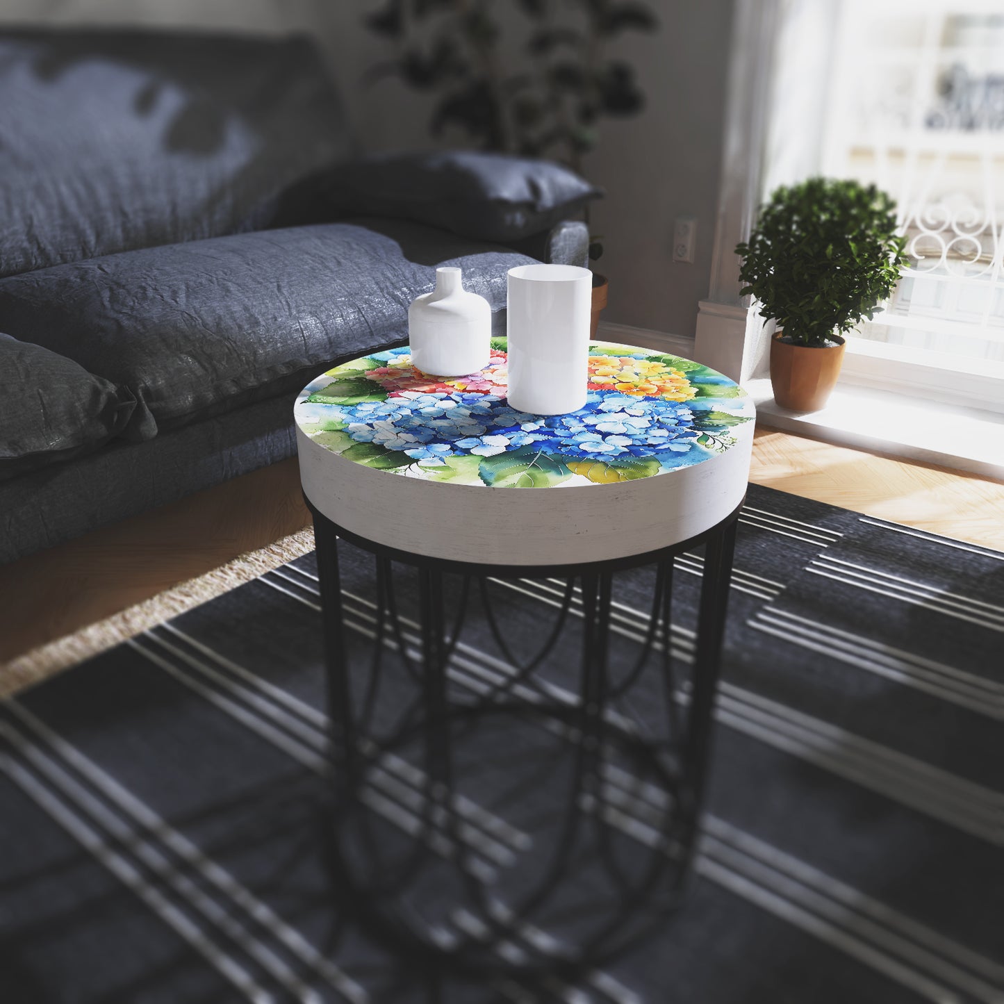 Spring Watercolor Hydrangea Accent Table | Round End Table for Indoor | UV Print Side Table | Wood & Metal | Spring Botanicals | 3 Sizes