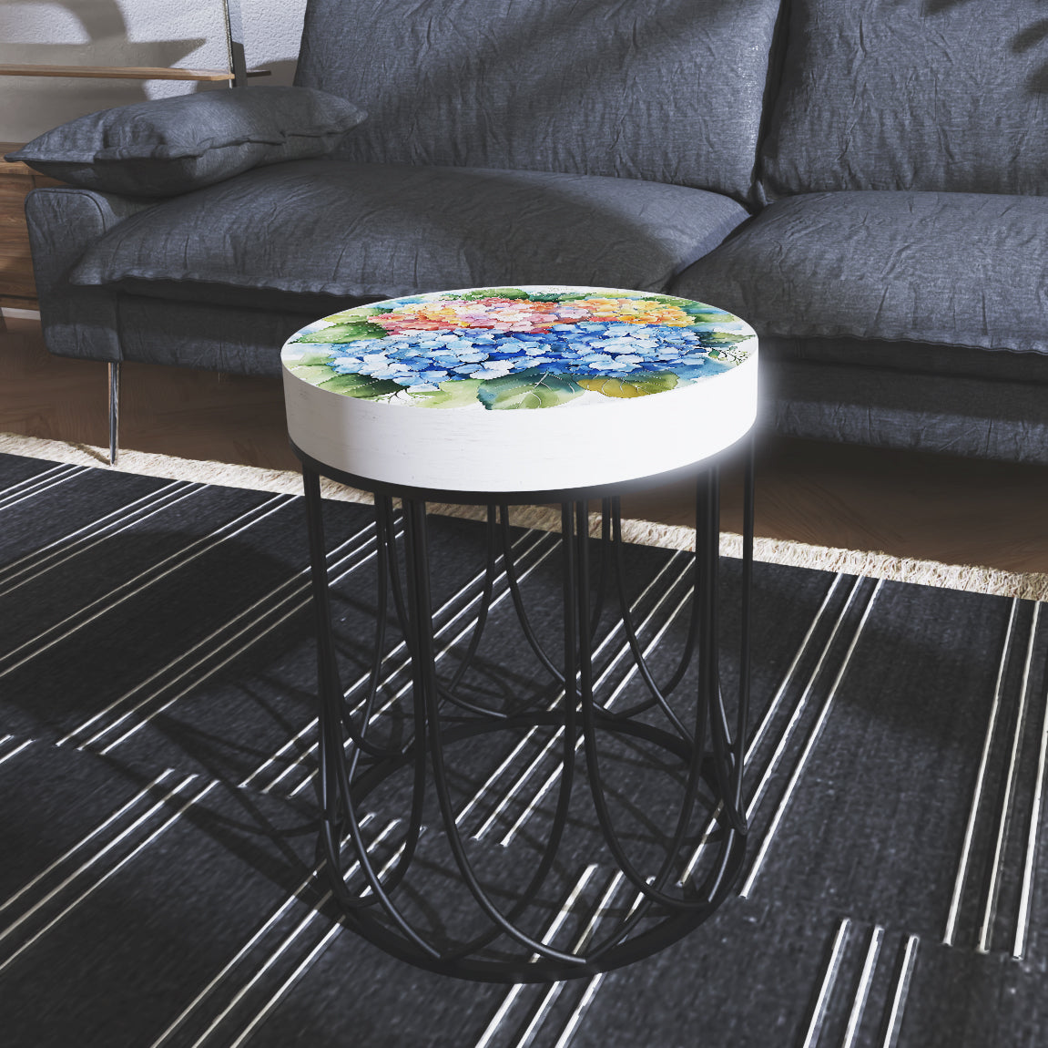 Spring Watercolor Hydrangea Accent Table | Round End Table for Indoor | UV Print Side Table | Wood & Metal | Spring Botanicals | 3 Sizes