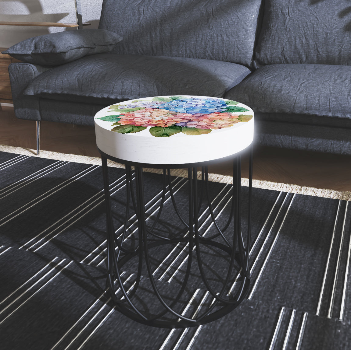 Spring Watercolor Hydrangea Accent Table | Round End Table for Indoor | UV Print Side Table | Wood & Metal | Spring Botanicals | 3 Sizes