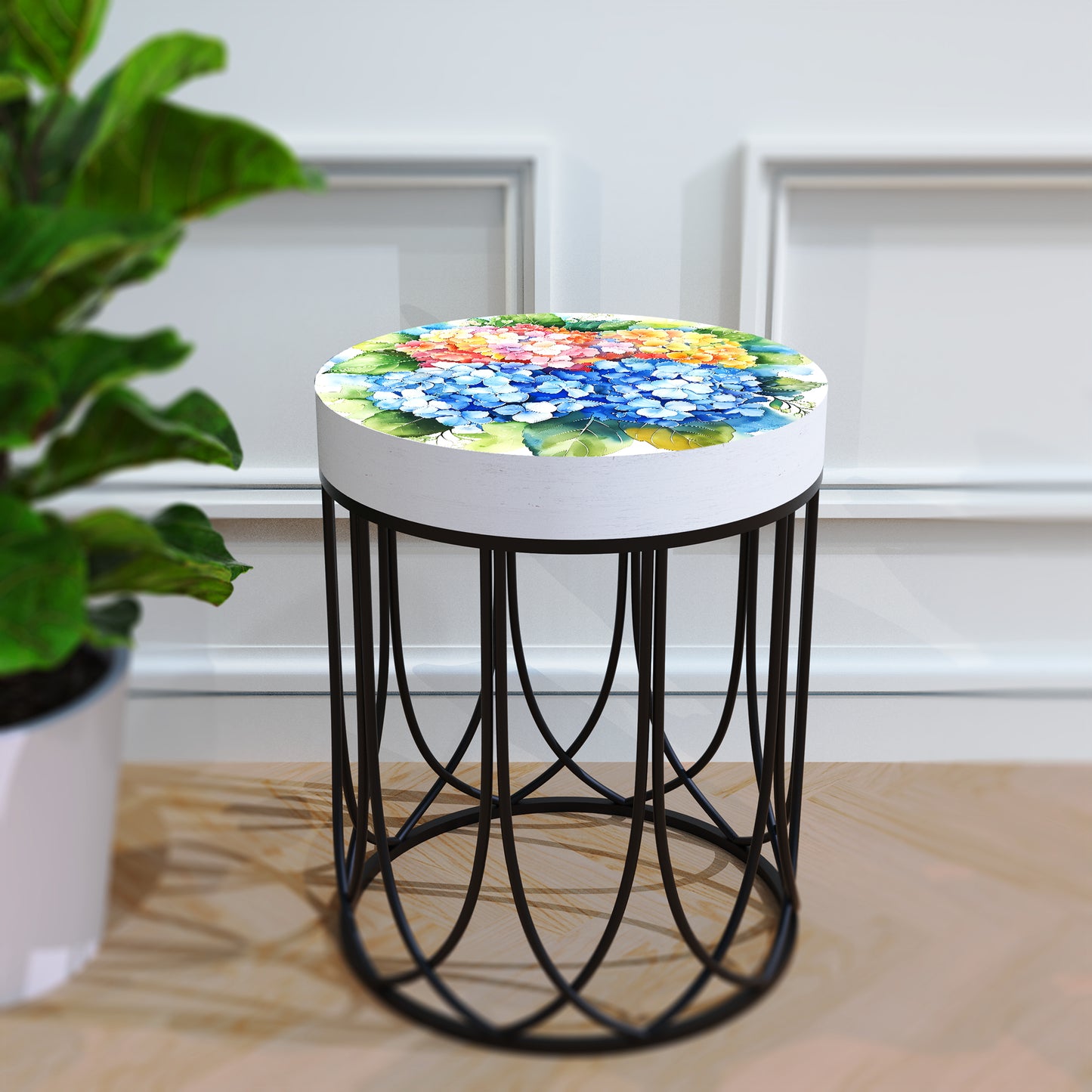 Spring Watercolor Hydrangea Accent Table | Round End Table for Indoor | UV Print Side Table | Wood & Metal | Spring Botanicals | 3 Sizes