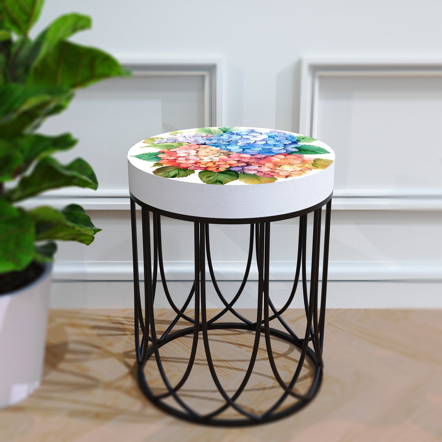 Spring Watercolor Hydrangea Accent Table | Round End Table for Indoor | UV Print Side Table | Wood & Metal | Spring Botanicals | 3 Sizes